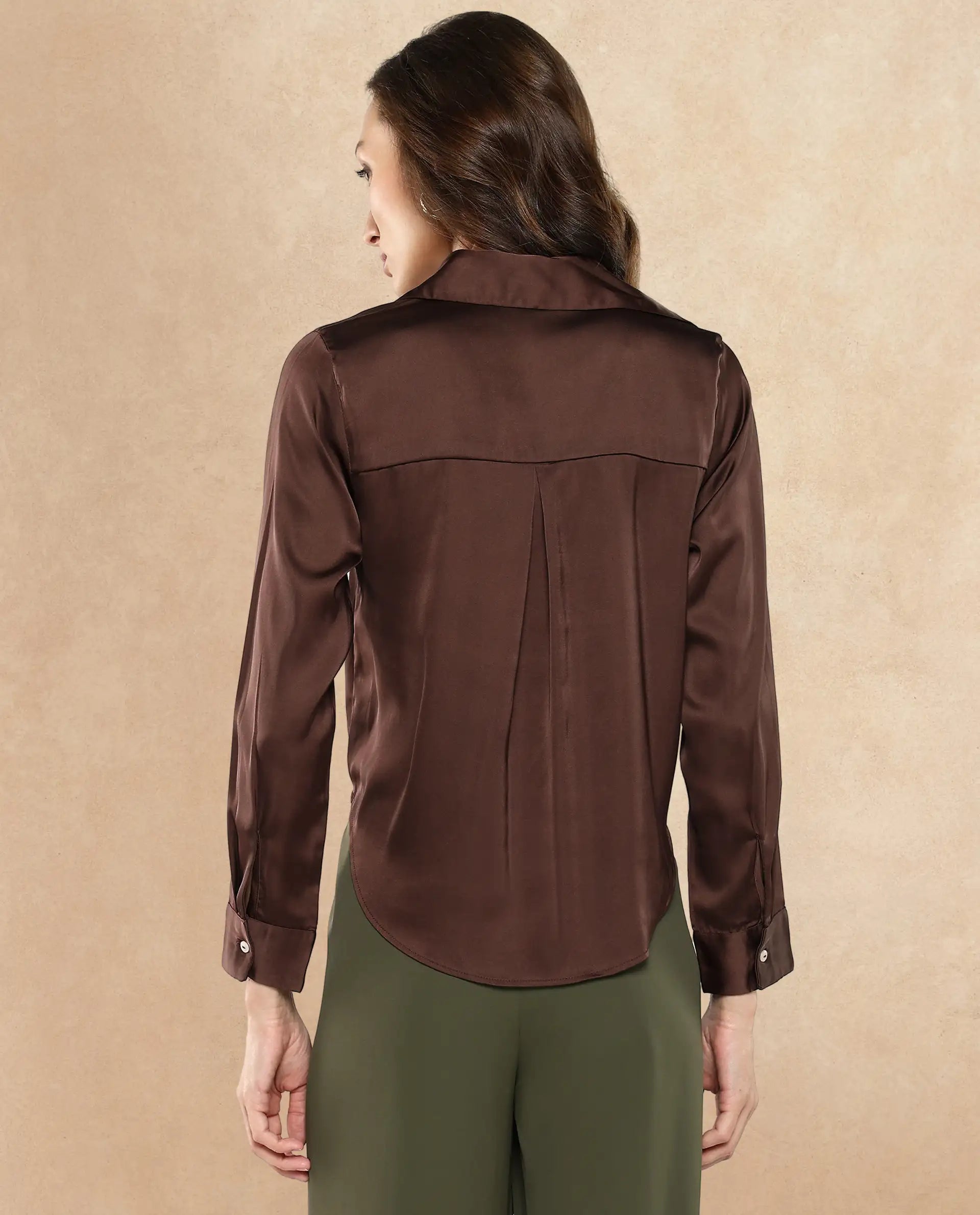Rareism Women Teen Brown Cuffed Sleeve Collared Collar Button Plain Top