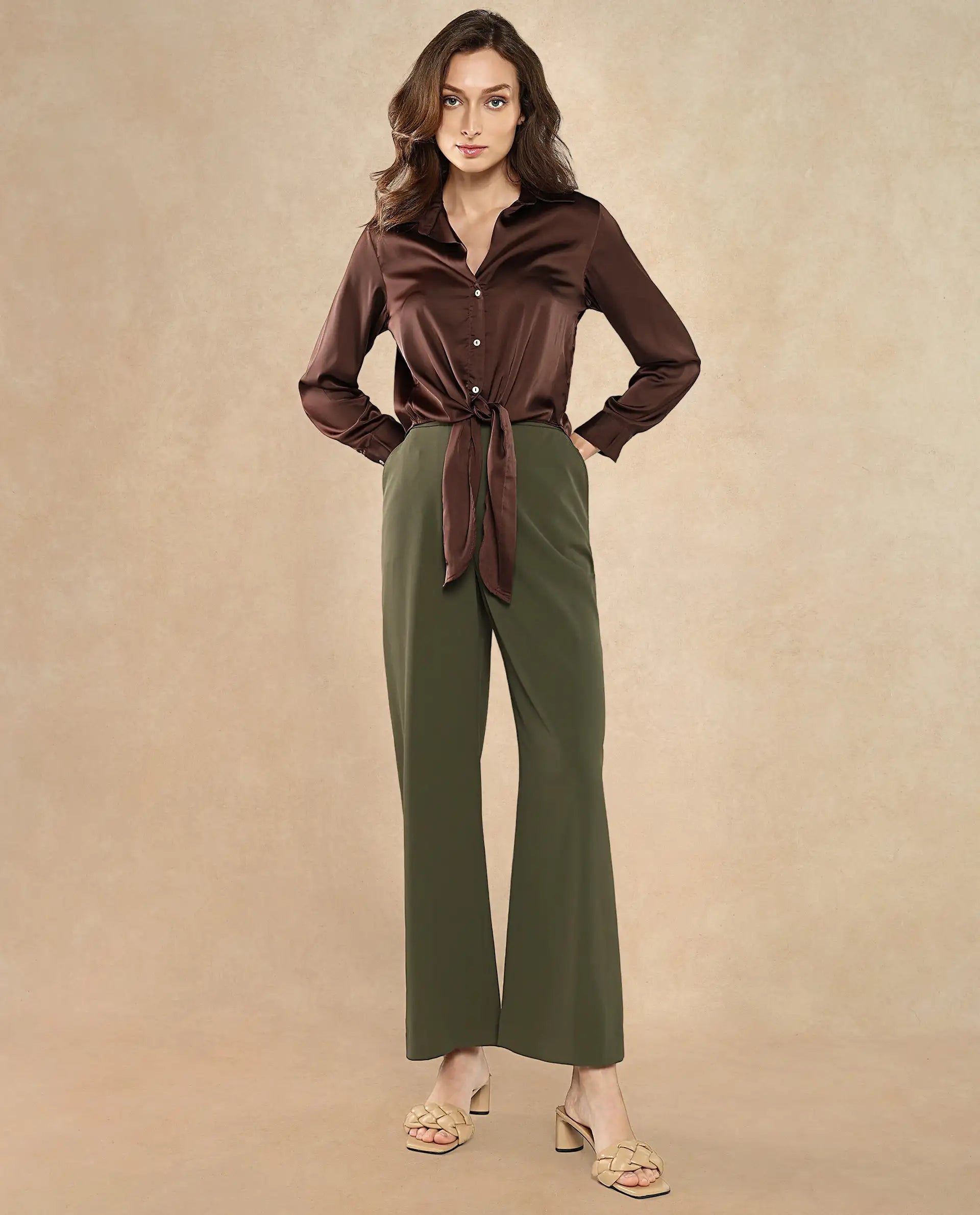 Rareism Women Teen Brown Cuffed Sleeve Collared Collar Button Plain Top