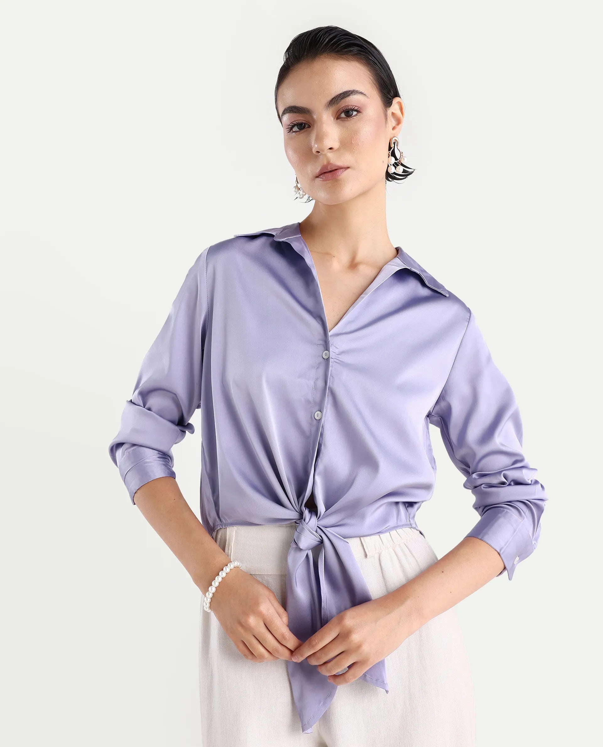 Rareism Women's Teen Light Purple Satin Drop Collar Plain Cuffed Sleeve Regular Fit Top