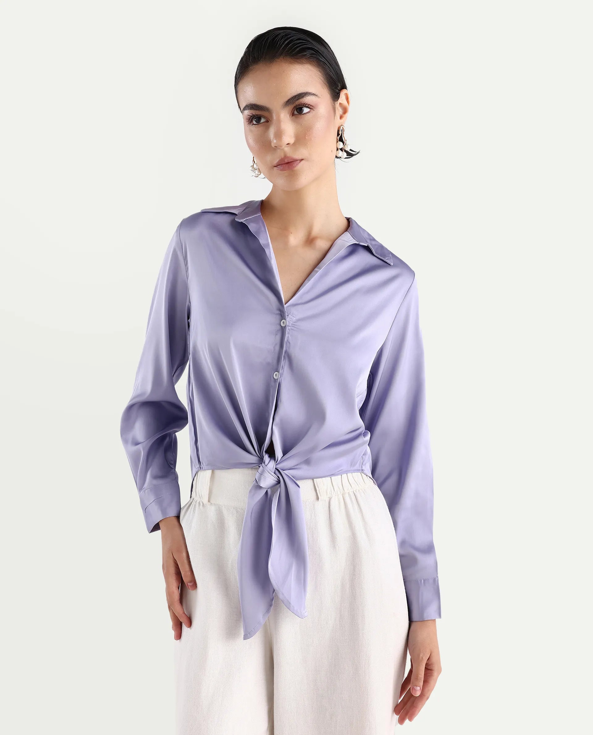 Rareism Women's Teen Light Purple Satin Drop Collar Plain Cuffed Sleeve Regular Fit Top
