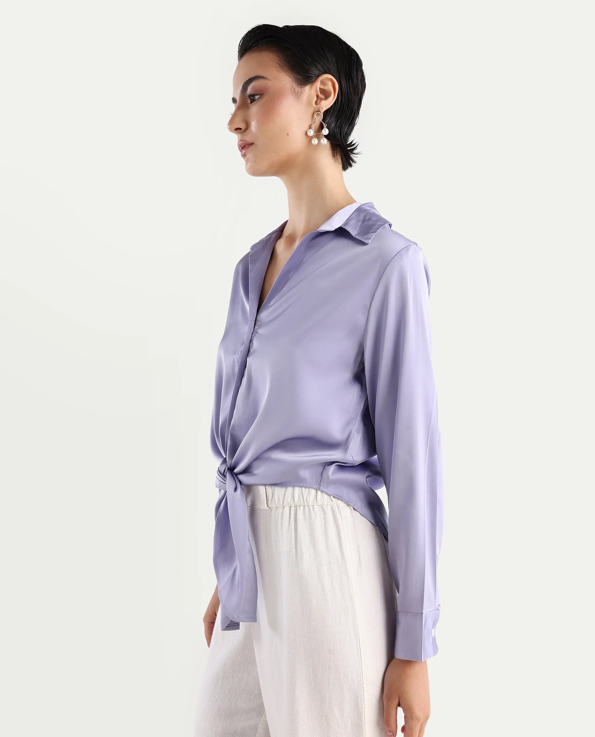 Rareism Women's Teen Light Purple Satin Drop Collar Plain Cuffed Sleeve Regular Fit Top