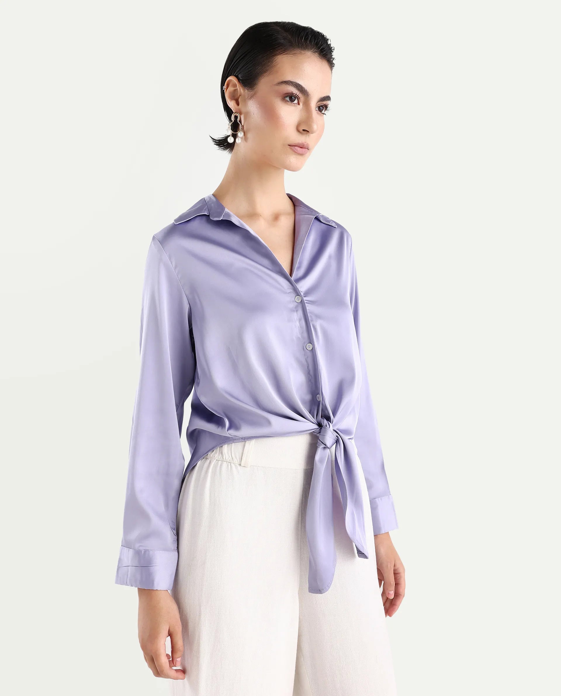 Rareism Women's Teen Light Purple Satin Drop Collar Plain Cuffed Sleeve Regular Fit Top