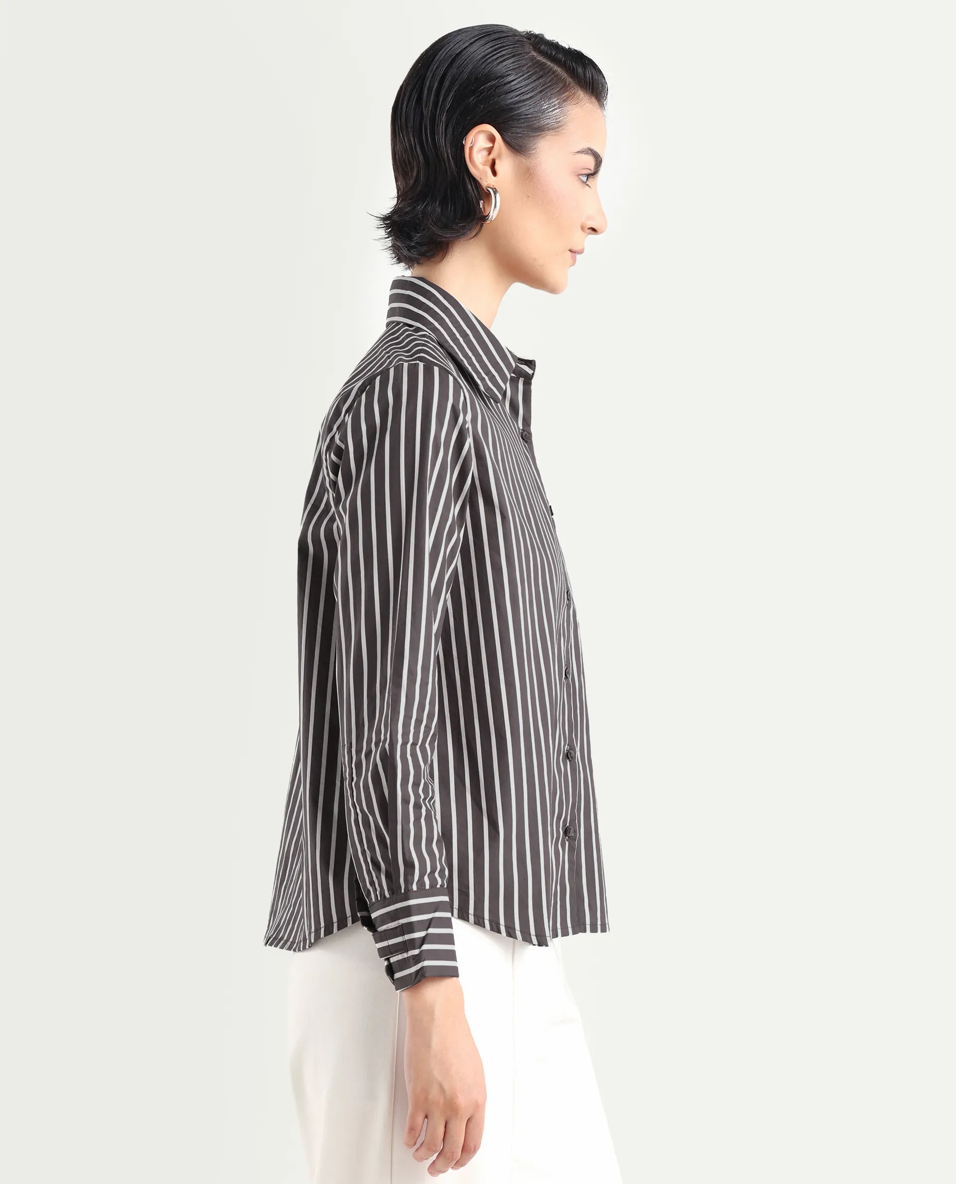 Rareism Women's Teevee Brown Cotton Drop Collar Striped Cuffed Sleeve Regular Fit Shirt