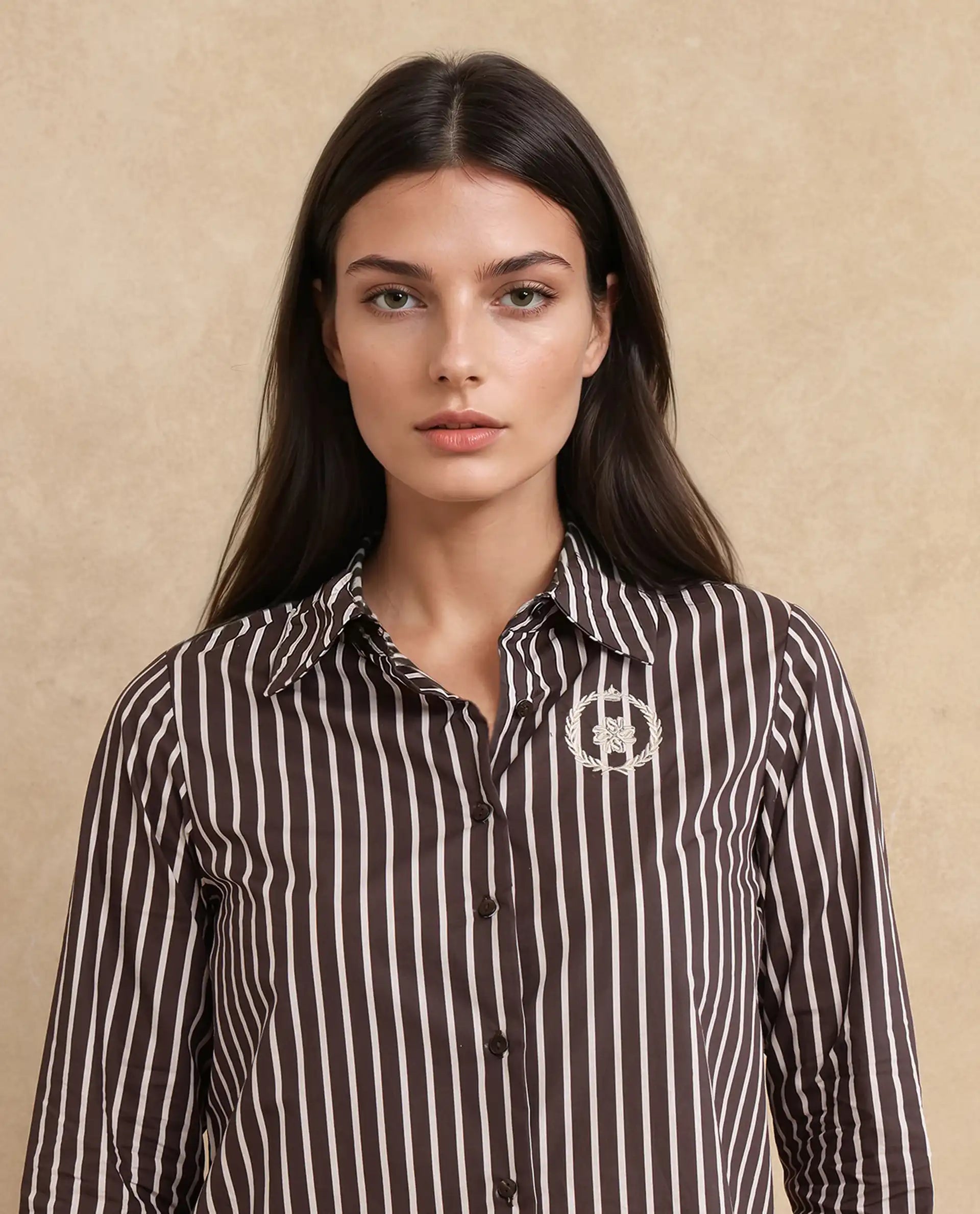 Rareism Women Teevee Brown Cuffed Sleeve Collared Neck Button Closure Narrow Stripes Shirt