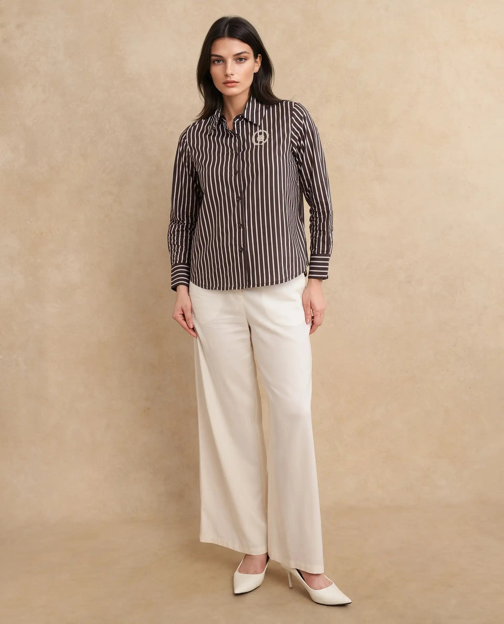 Rareism Women Teevee Brown Cuffed Sleeve Collared Neck Button Closure Narrow Stripes Shirt