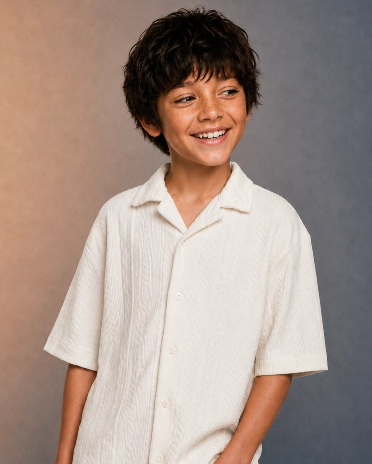 Rare Ones Kids Lyra White Cotton Fabric Cuban Collar Button Closure Regular Shirt