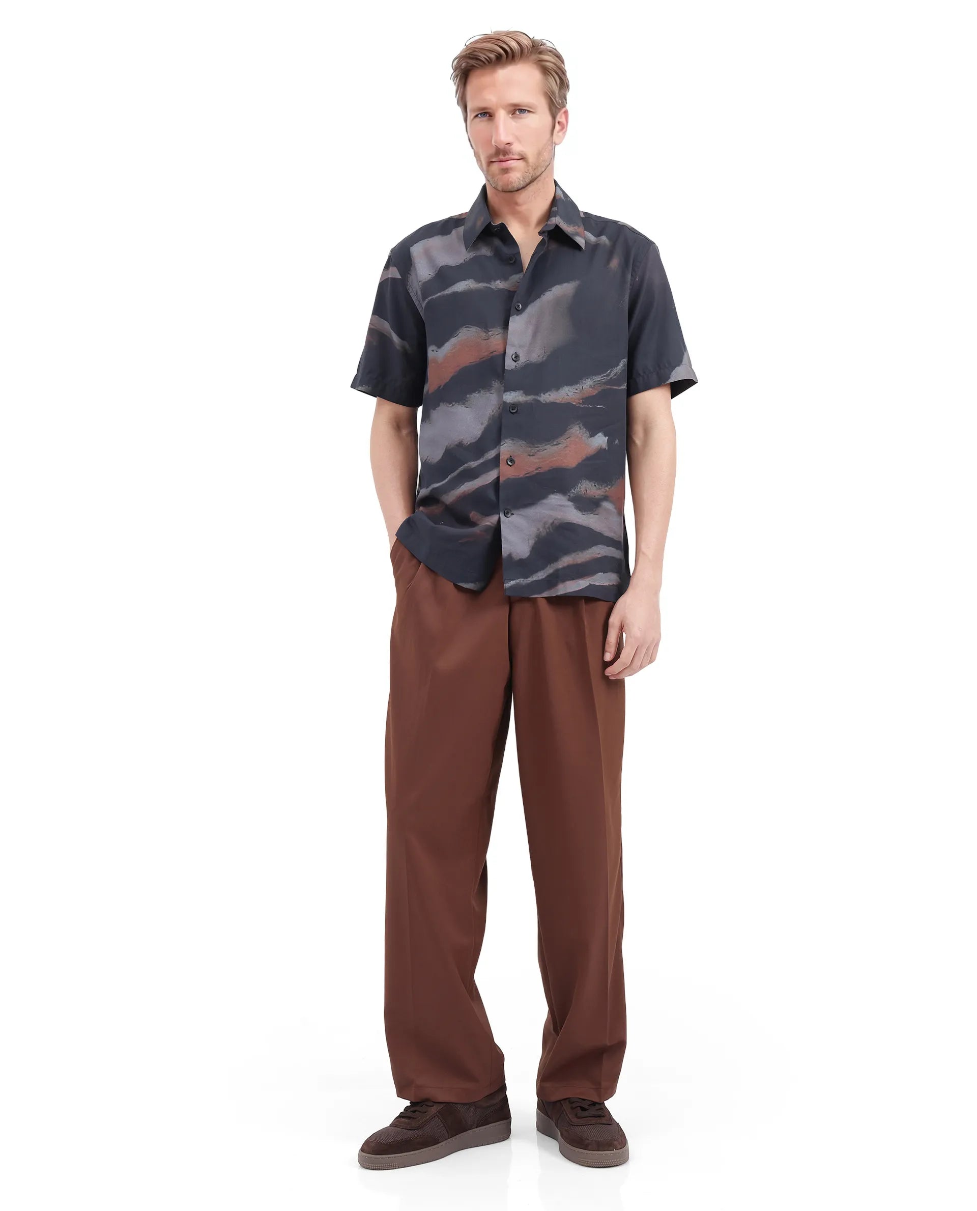 Rare Rabbit Men Tego Black Cotton Blend Fabric Short Sleeve Cuban Collared Abstract Print Shirt