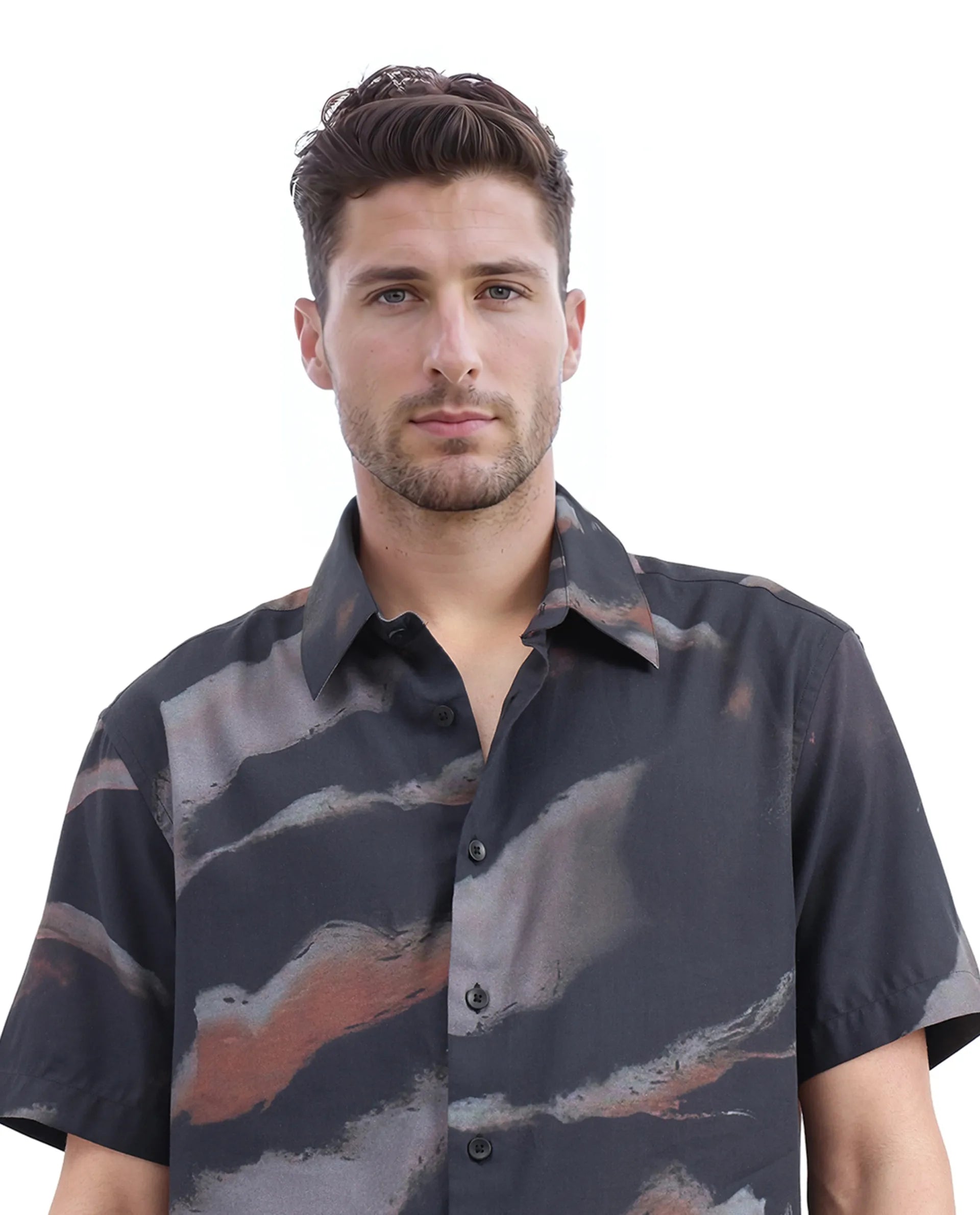 Rare Rabbit Men Tego Black Cotton Blend Fabric Short Sleeve Cuban Collared Abstract Print Shirt