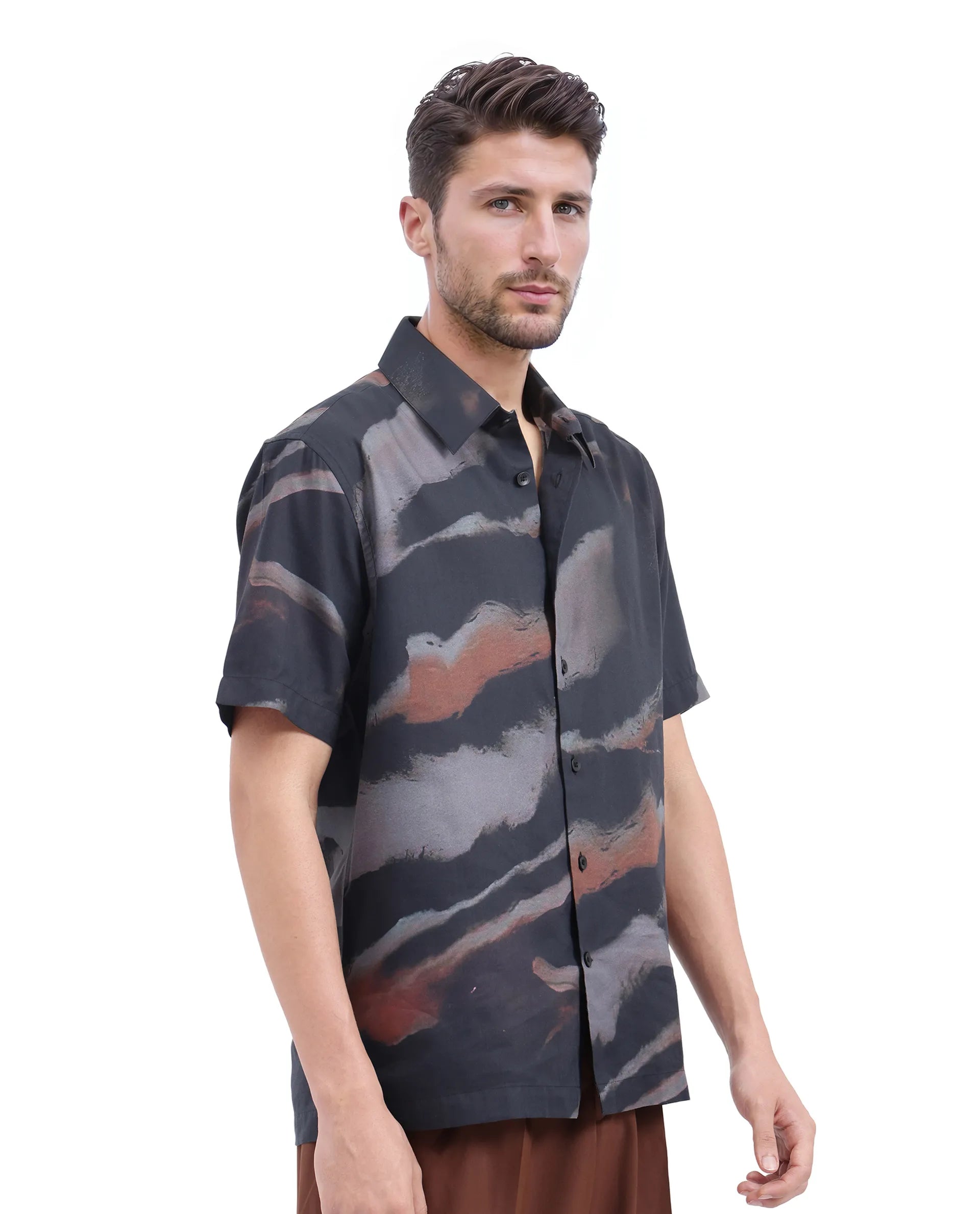 Rare Rabbit Men Tego Black Cotton Blend Fabric Short Sleeve Cuban Collared Abstract Print Shirt