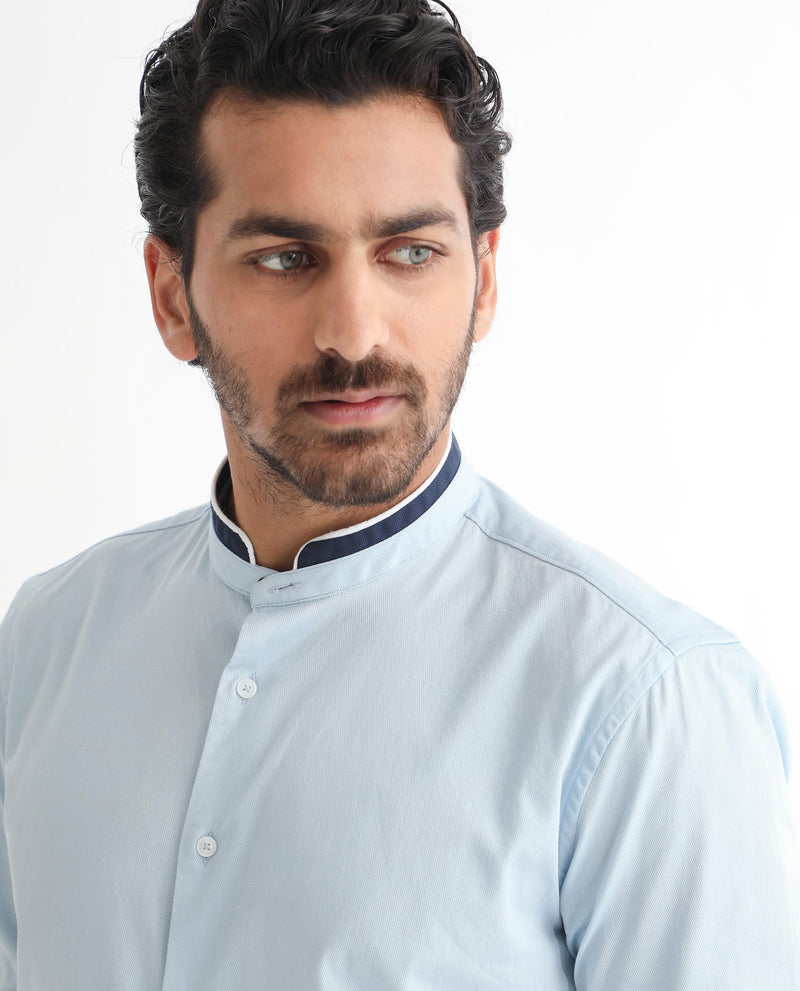 Rare Rabbit Men's Tehran Light Blue Mandarin Collar Full Sleeves Solid Shirt