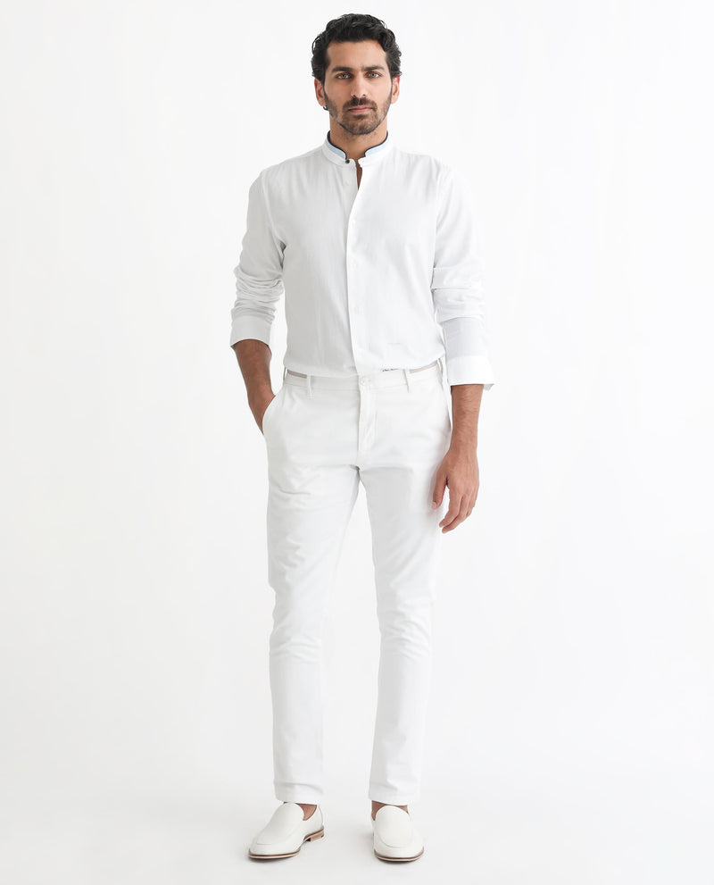 Rare Rabbit Men's Tehran White Mandarin Collar Full Sleeves Solid Shirt