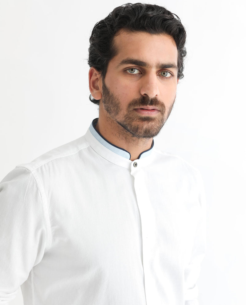 Rare Rabbit Men's Tehran White Mandarin Collar Full Sleeves Solid Shirt