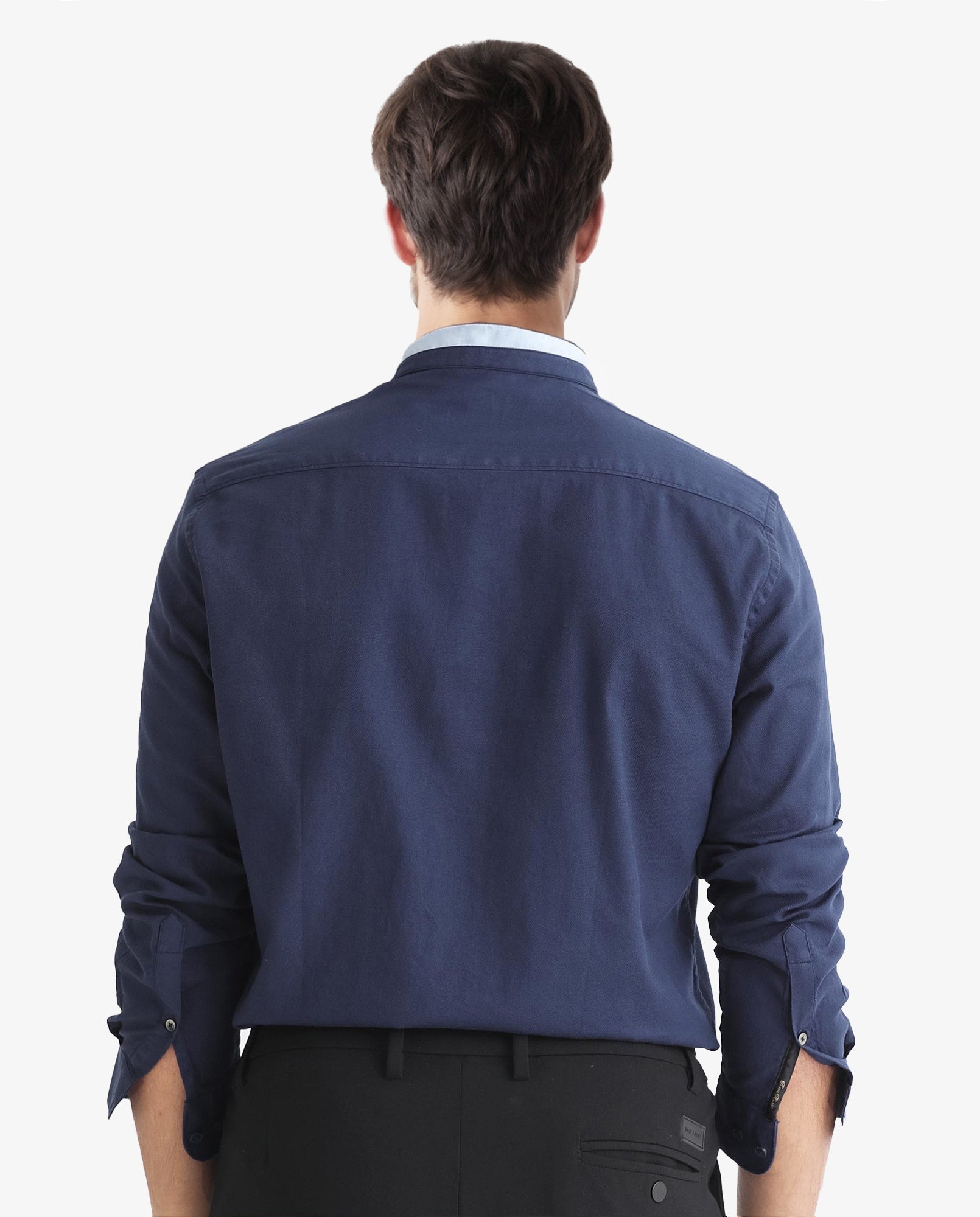 Rare Rabbit Men's Tehran Navy Mandarin Collar Full Sleeves Solid Shirt