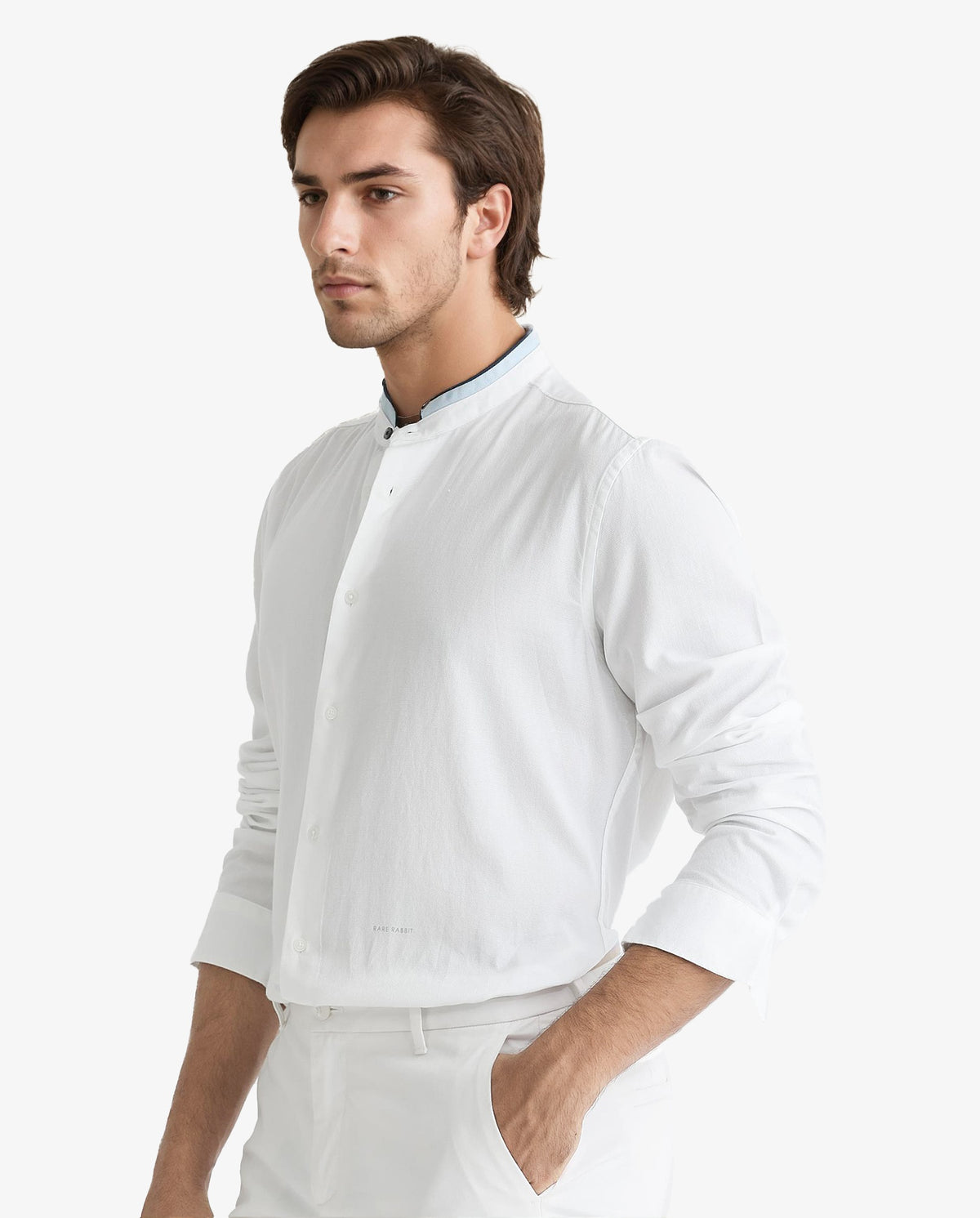 Rare Rabbit Men's Tehran White Mandarin Collar Full Sleeves Solid Shirt
