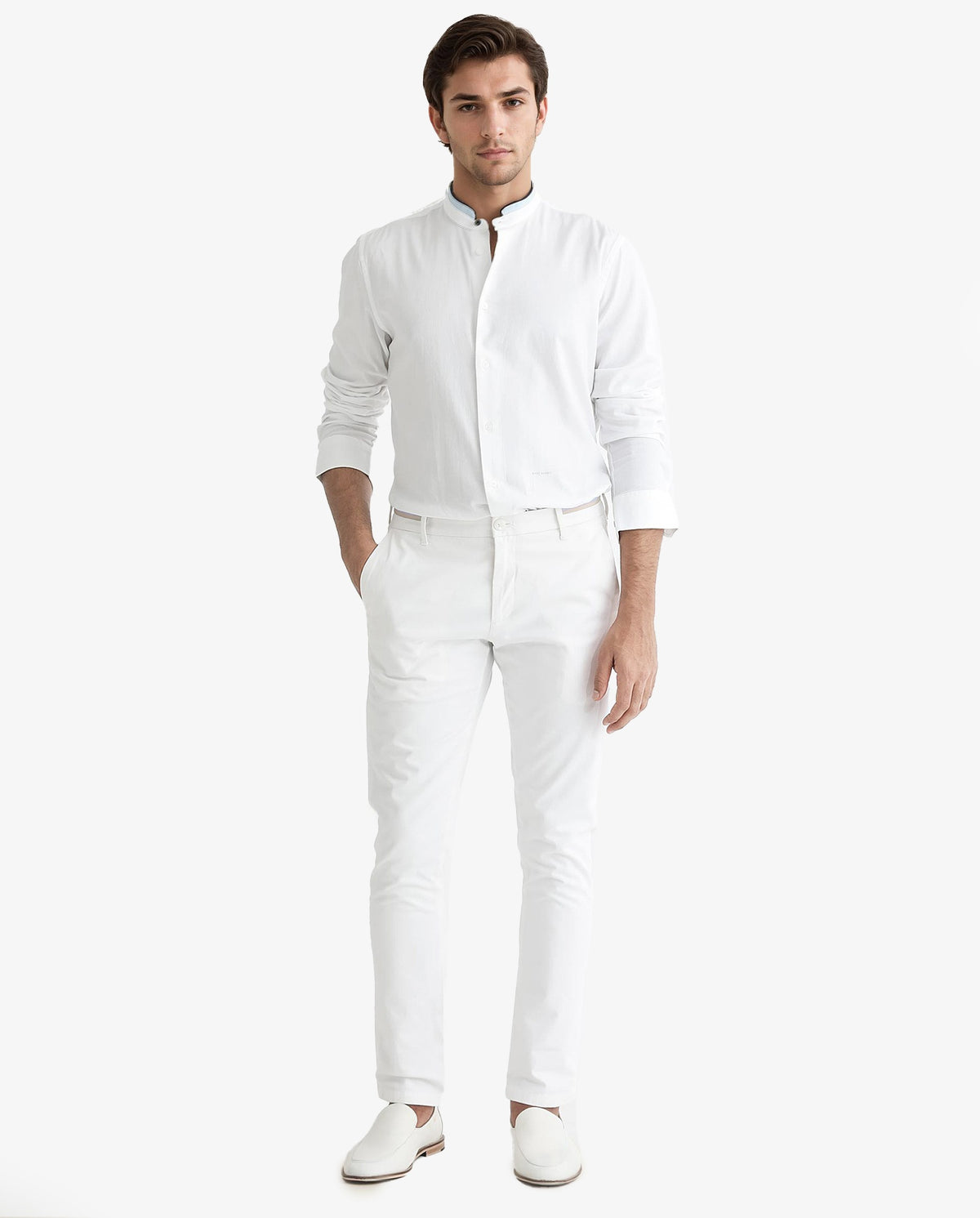 Rare Rabbit Men's Tehran White Mandarin Collar Full Sleeves Solid Shirt