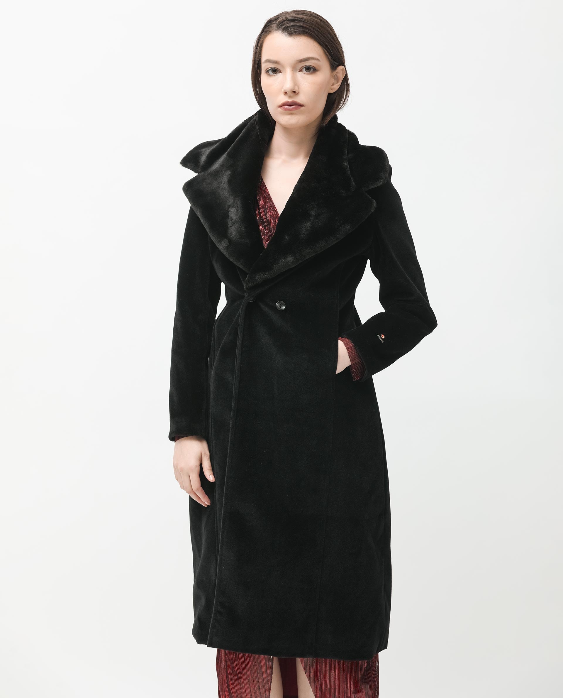 Rareism Women Teich Black Polyester Fabric Full Sleeves Button Closure Lapel Neck Regular Fit Plain Knee Length Jacket