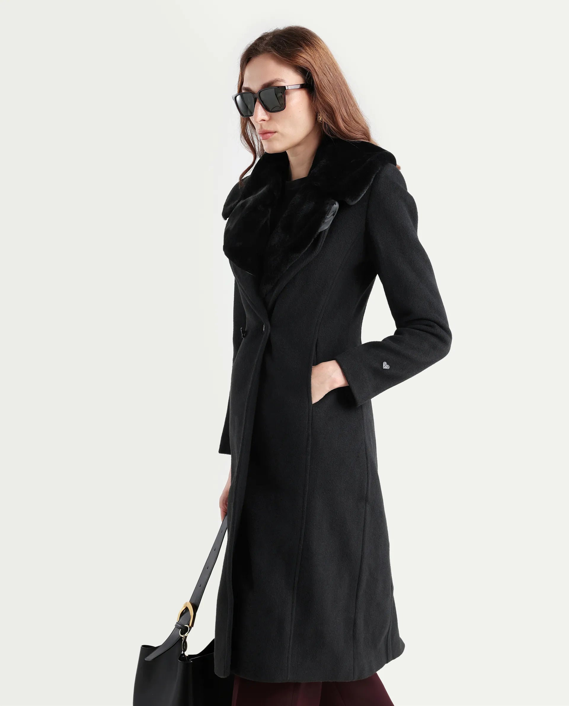 Rareism Women's Teich 1 Black Lapel Neck Plain Midi Regular Fit Jacket