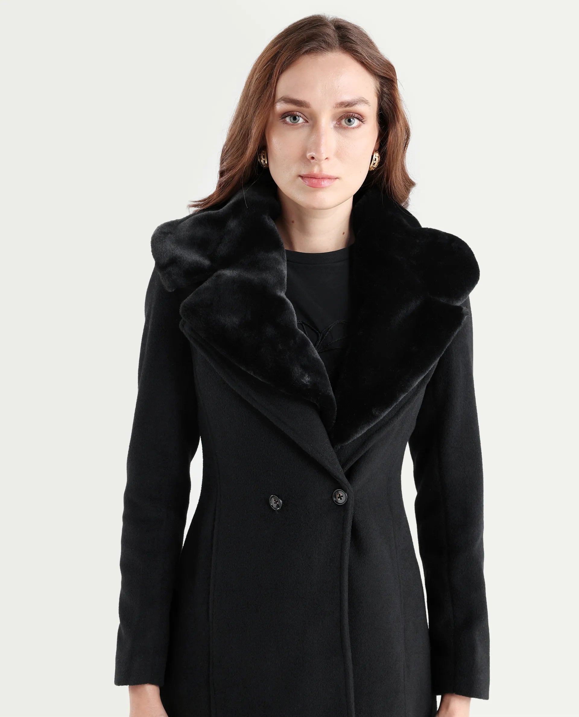 Rareism Women's Teich 1 Black Lapel Neck Plain Midi Regular Fit Jacket