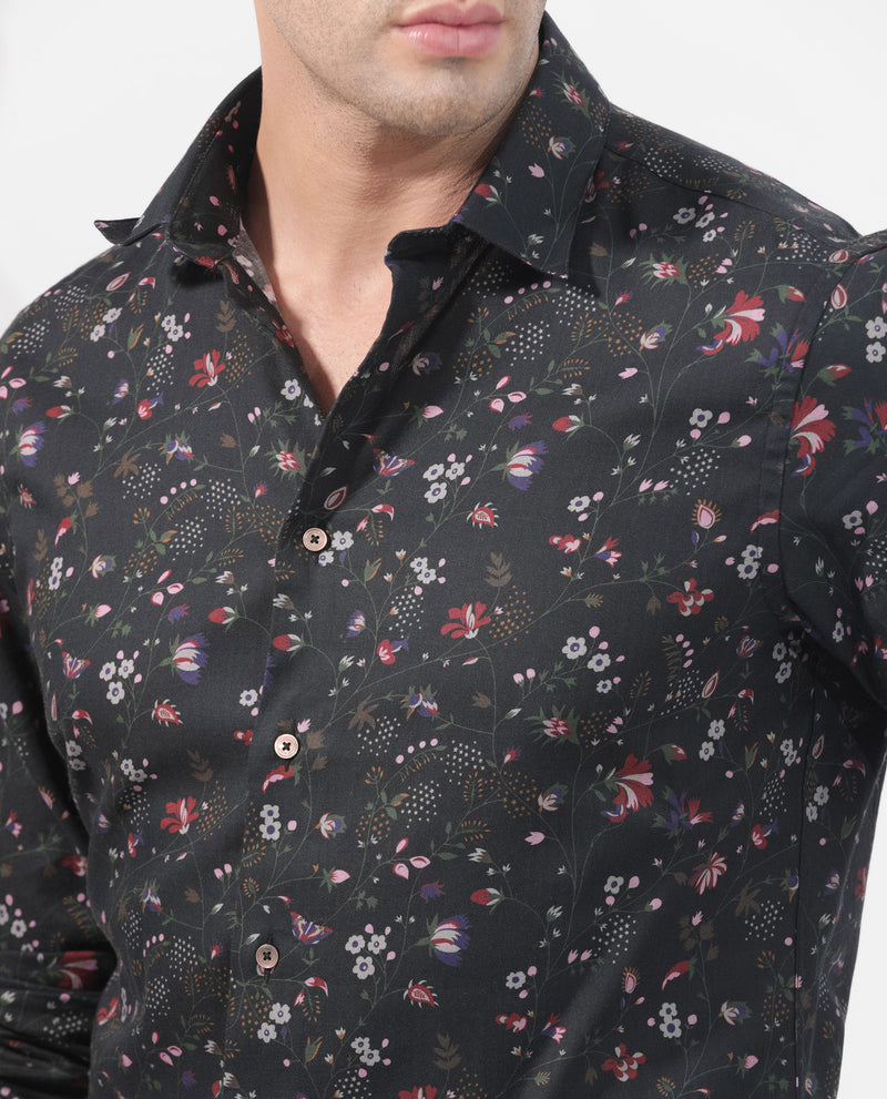 Rare Rabbit Men's Teleuxx Black Cotton Fabric Floral Print Full Sleeves Shirt