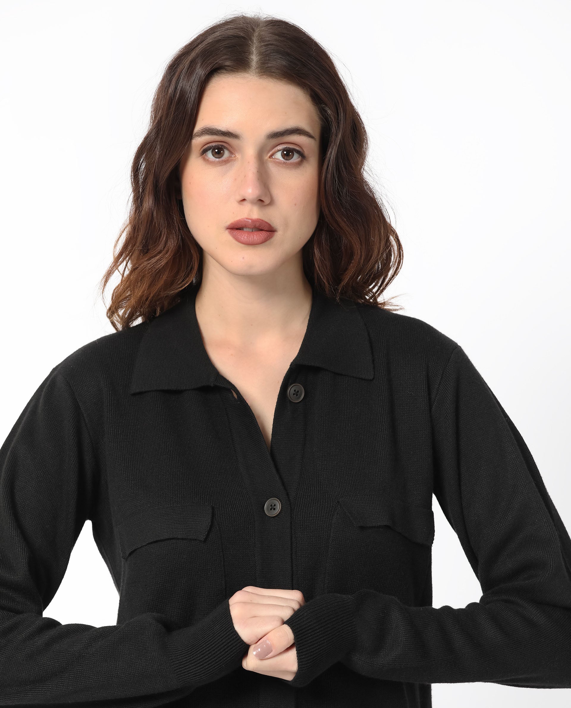 Rareism Women Telkon Black Viscose Fabric Full Sleeves Regular Fit Solid Shirt Collar Sweater