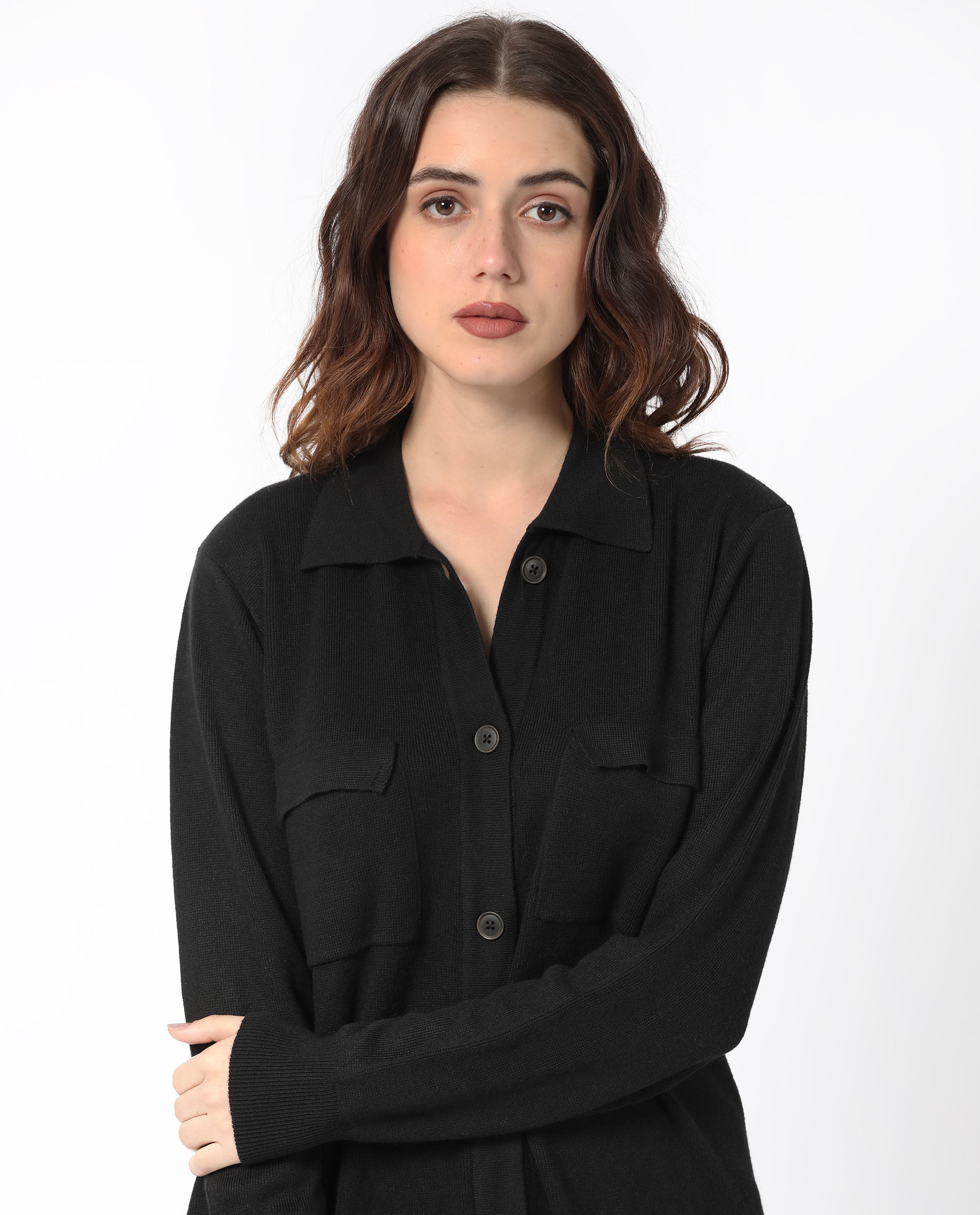 Rareism Women Telkon Black Viscose Fabric Full Sleeves Regular Fit Solid Shirt Collar Sweater