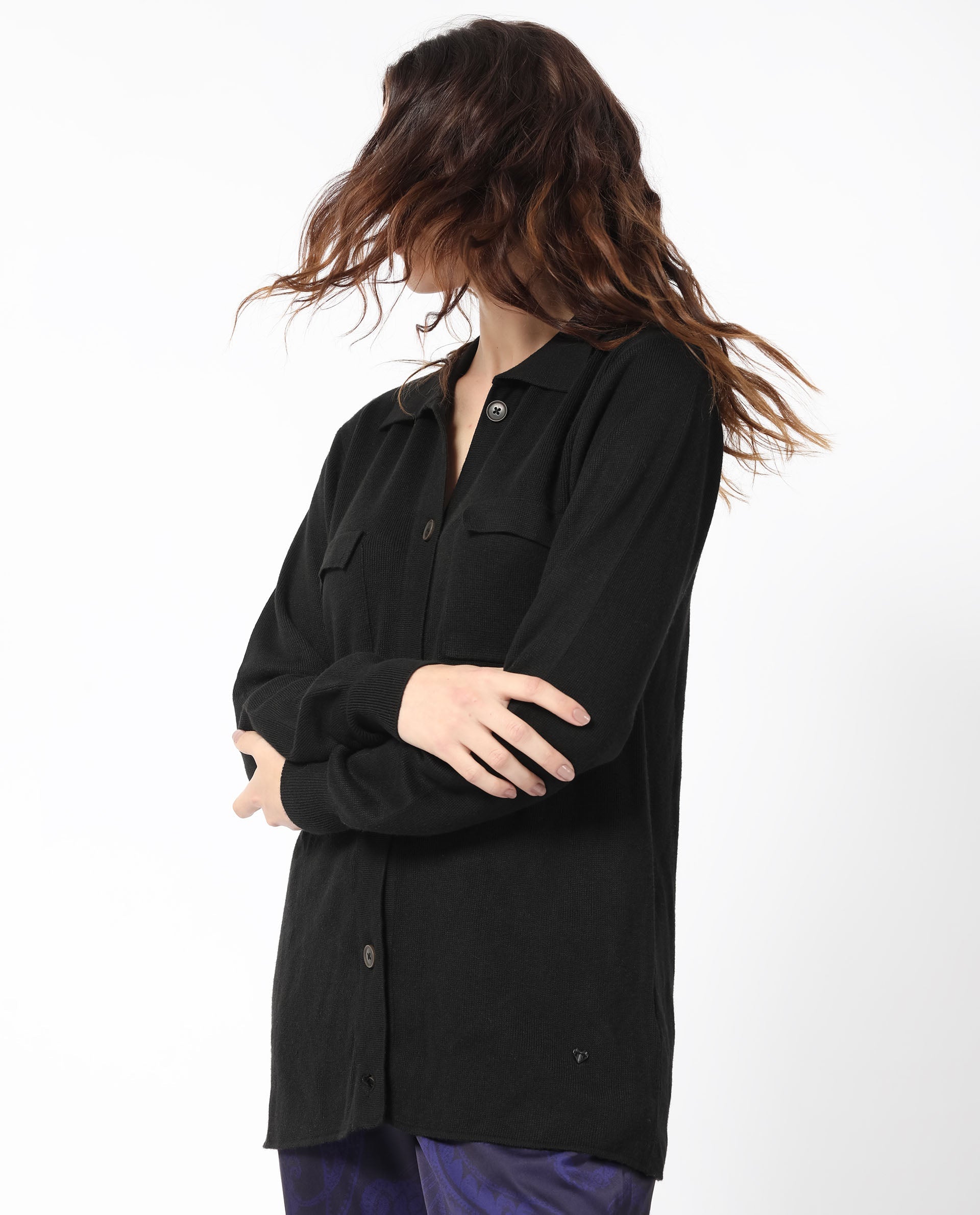 Rareism Women Telkon Black Viscose Fabric Full Sleeves Regular Fit Solid Shirt Collar Sweater