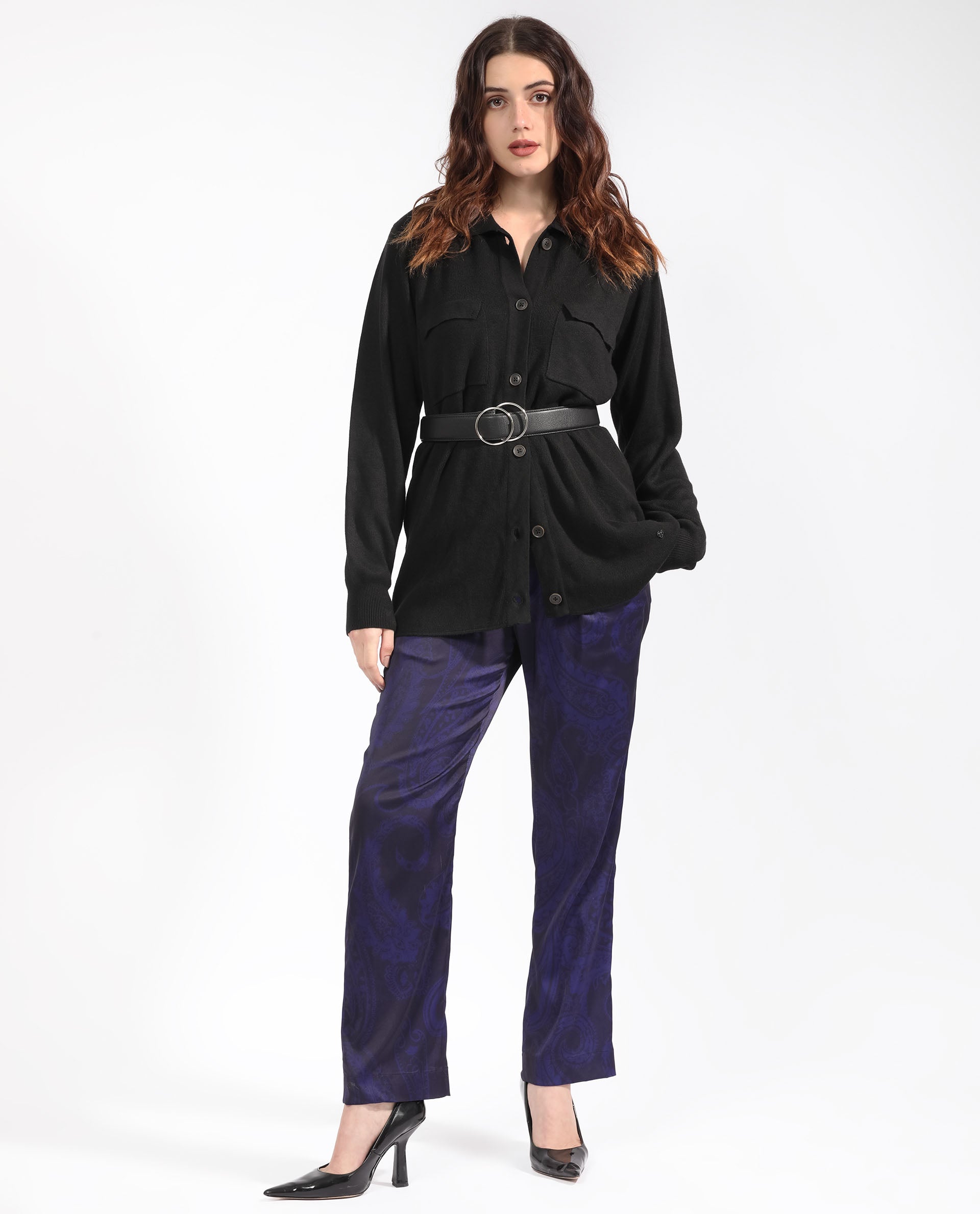 Rareism Women Telkon Black Viscose Fabric Full Sleeves Regular Fit Solid Shirt Collar Sweater