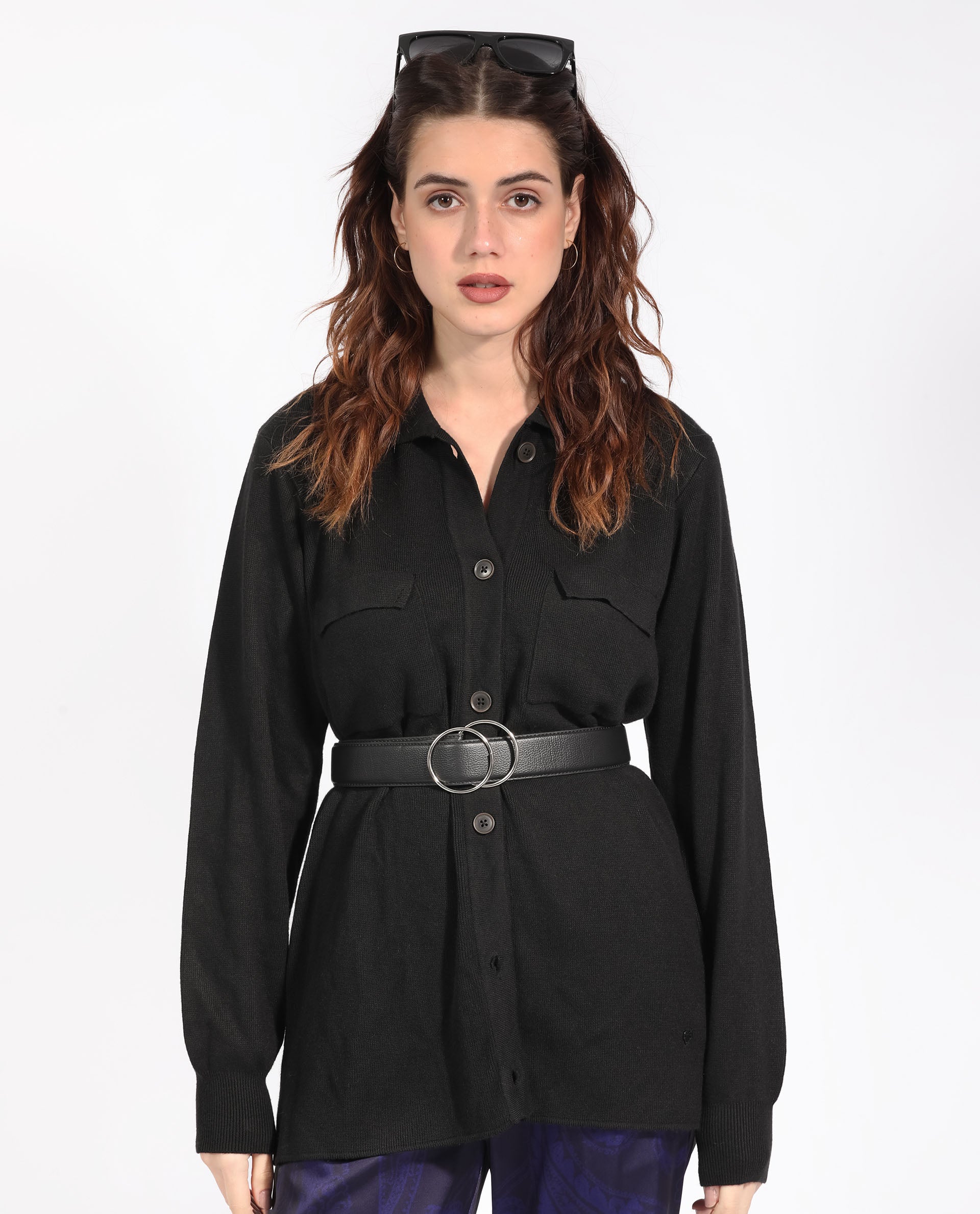 Rareism Women Telkon Black Viscose Fabric Full Sleeves Regular Fit Solid Shirt Collar Sweater