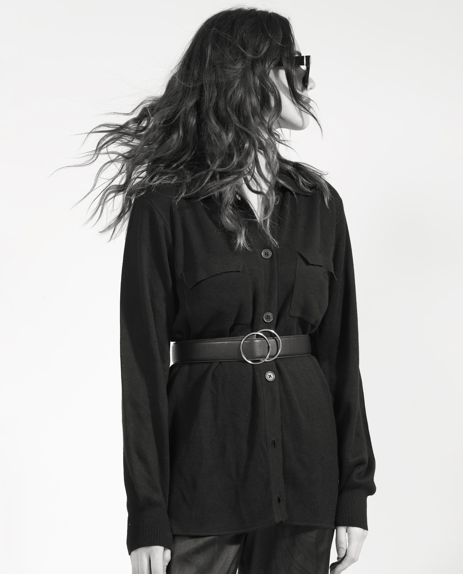 Rareism Women Telkon Black Viscose Fabric Full Sleeves Regular Fit Solid Shirt Collar Sweater