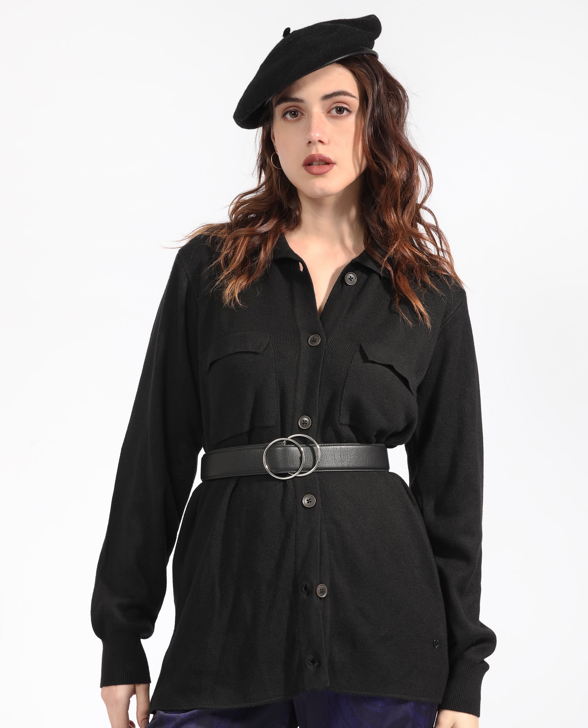 Rareism Women Telkon Black Viscose Fabric Full Sleeves Regular Fit Solid Shirt Collar Sweater