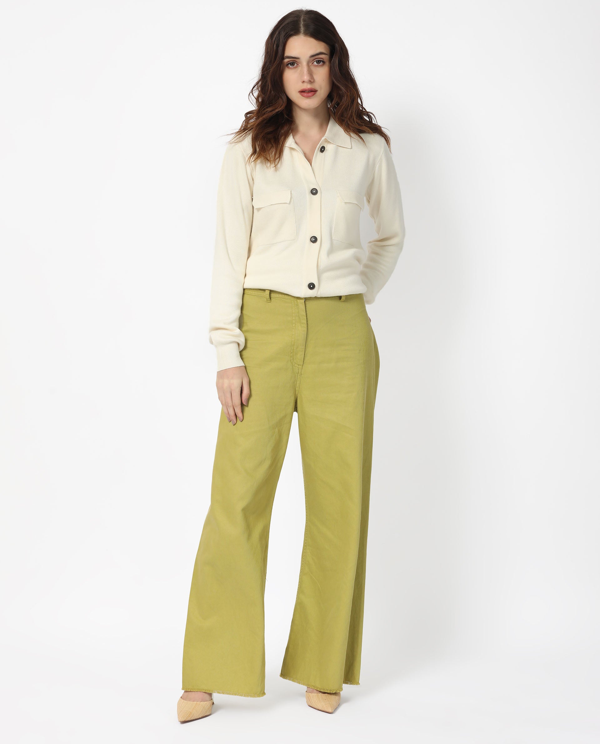 Rareism Women Telkon Off White Viscose Fabric Full Sleeves Button Closure Shirt Collar Regular Fit Plain Sweater