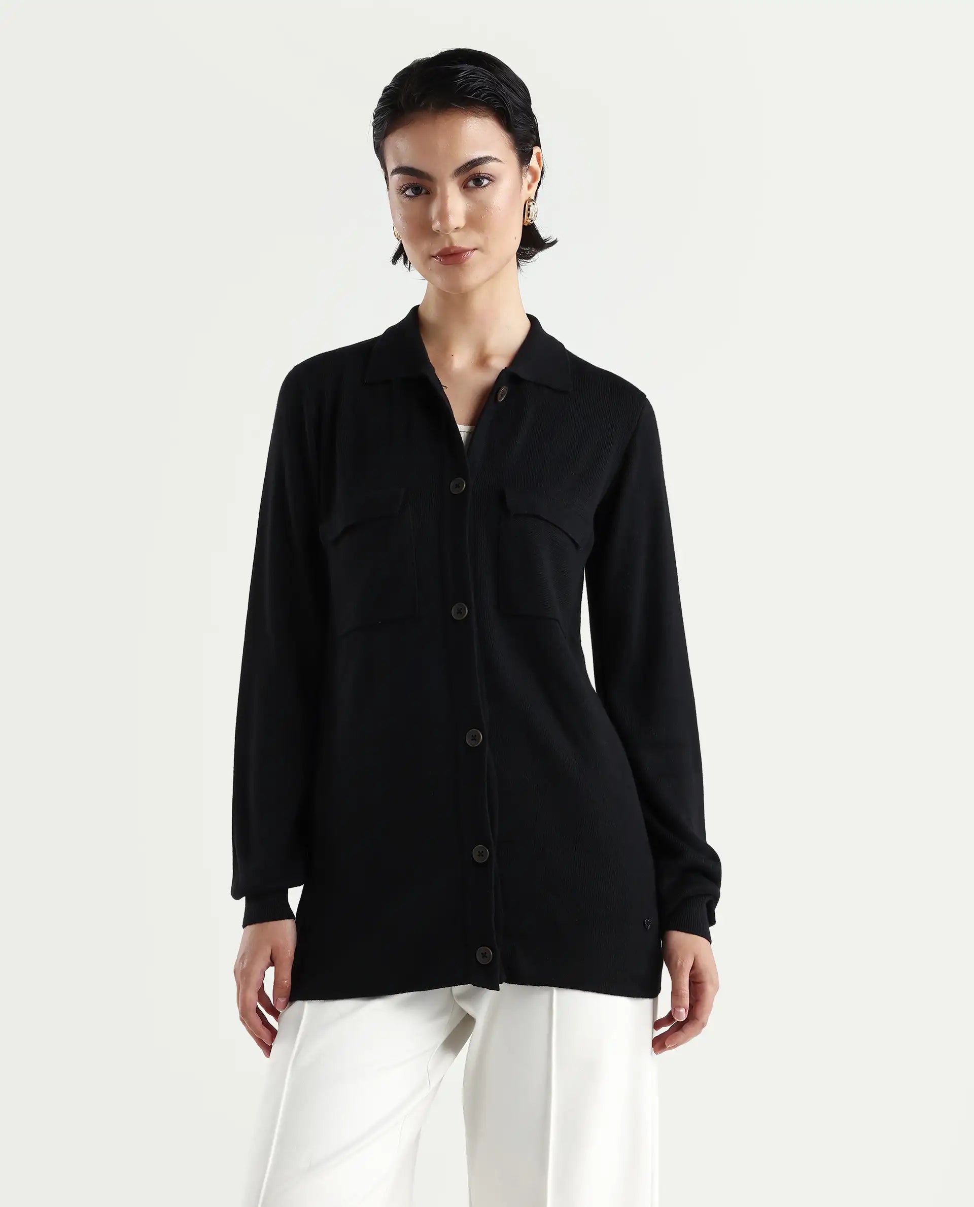 Rareism Women's Telkon Black Viscose Spread Collar Plain Regular Fit Sweater