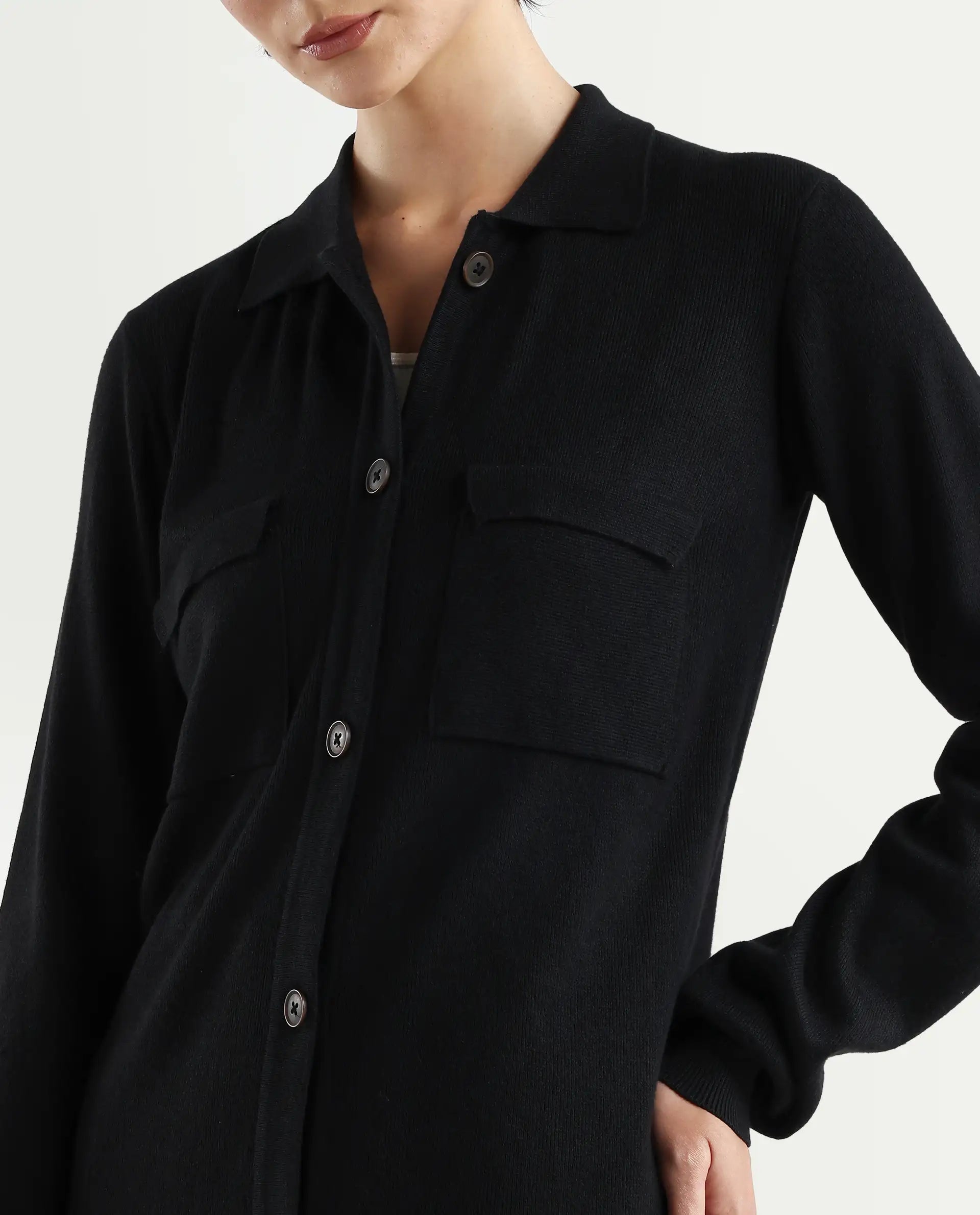 Rareism Women's Telkon Black Viscose Spread Collar Plain Regular Fit Sweater