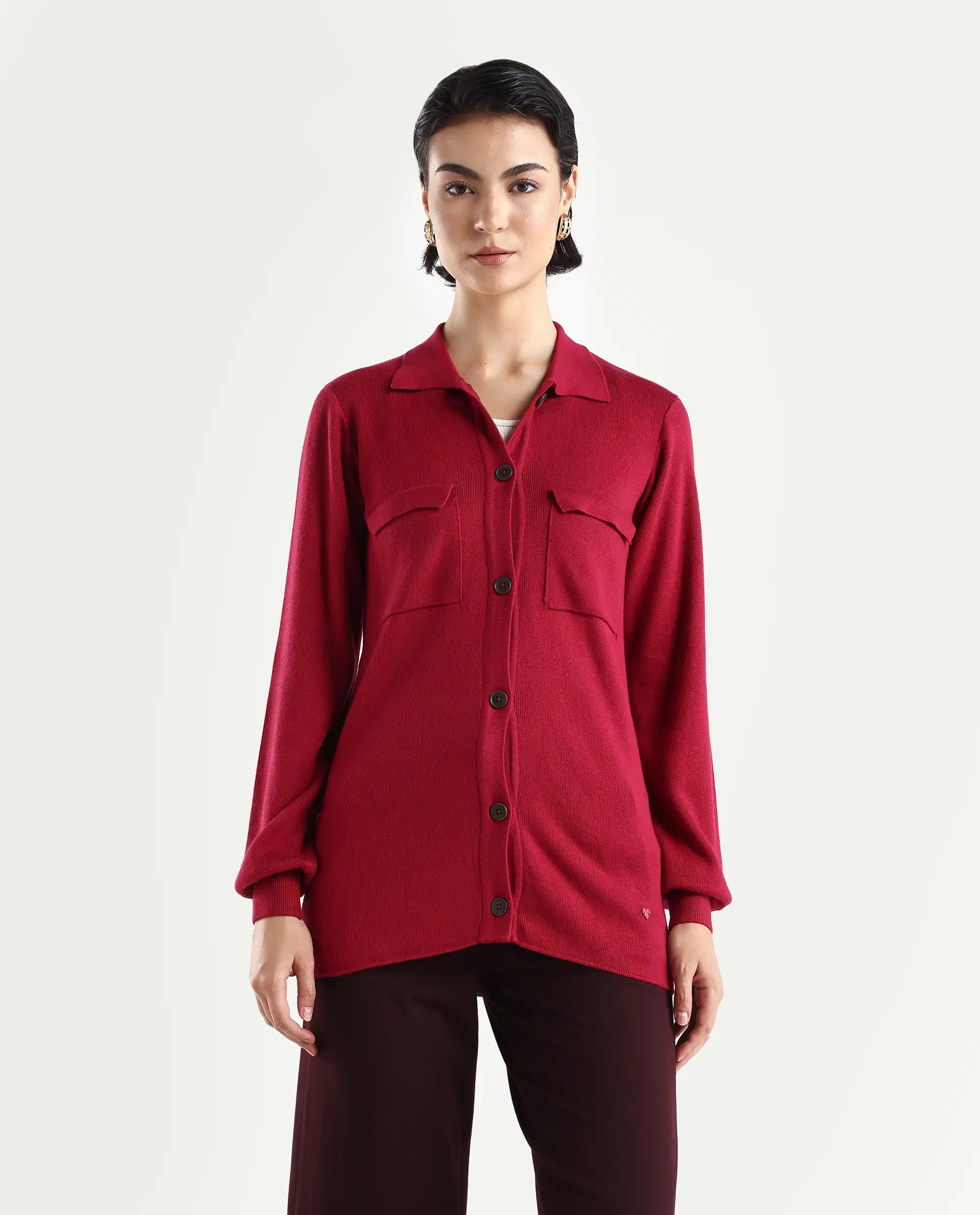 Rareism Women's Telkon Light Maroon Viscose Spread Collar Plain Regular Fit Sweater