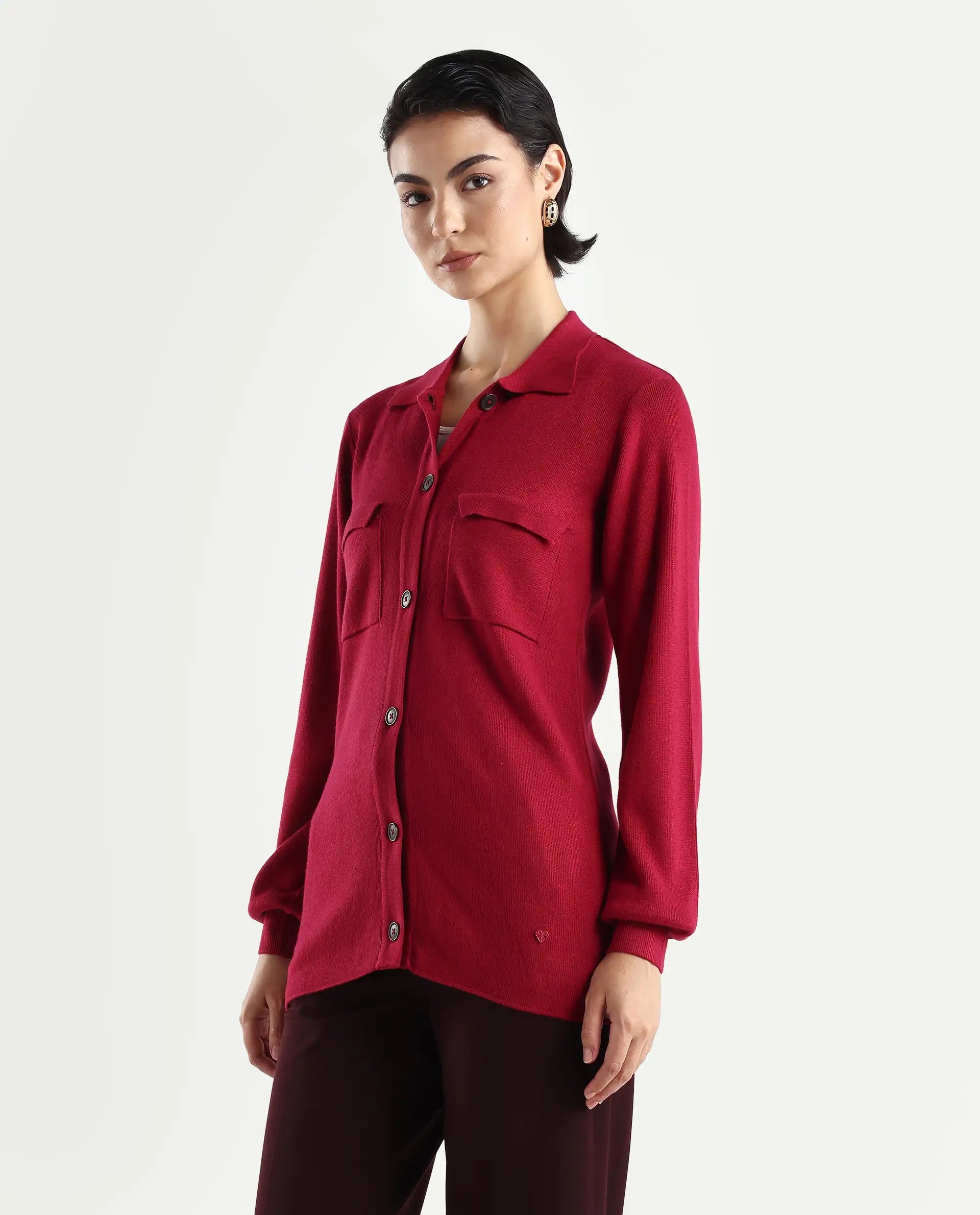 Rareism Women's Telkon Light Maroon Viscose Spread Collar Plain Regular Fit Sweater