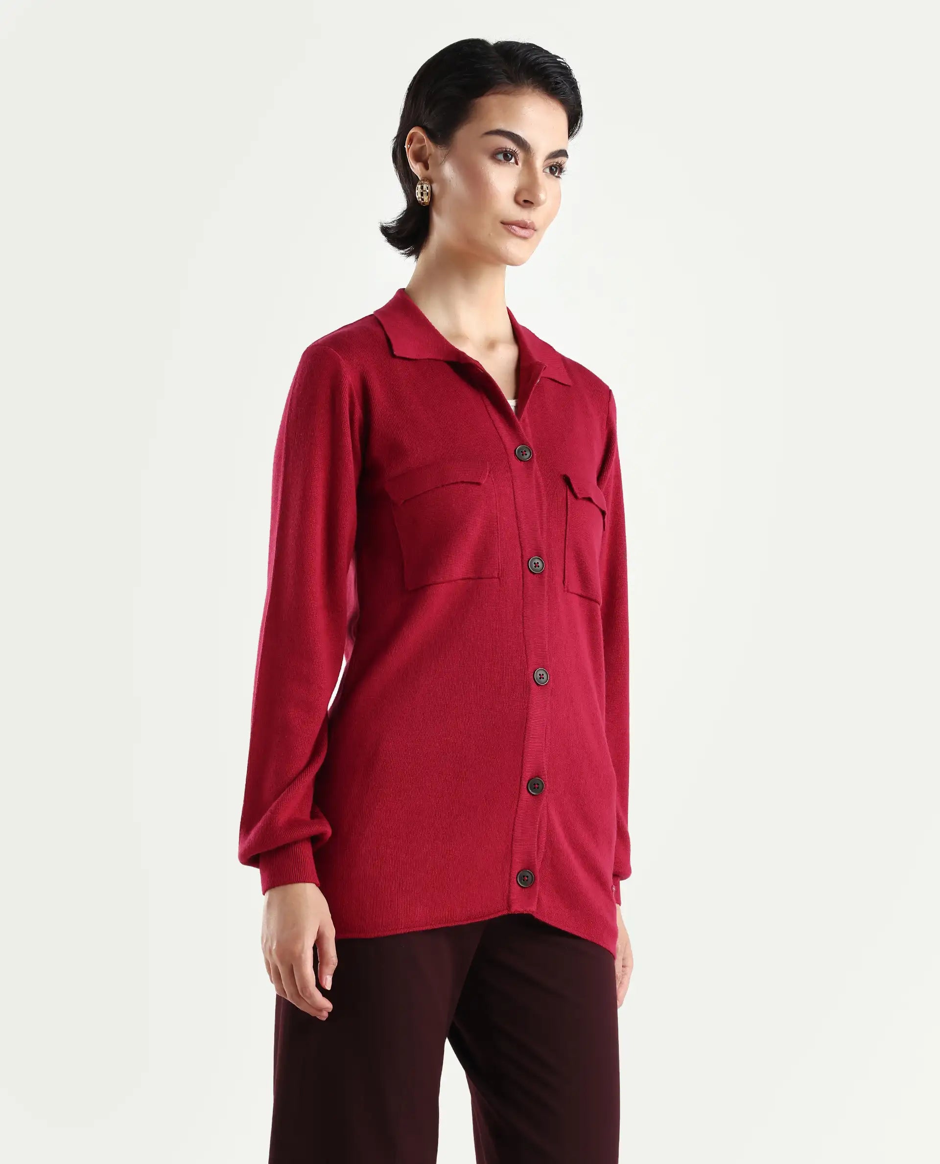 Rareism Women's Telkon Light Maroon Viscose Spread Collar Plain Regular Fit Sweater