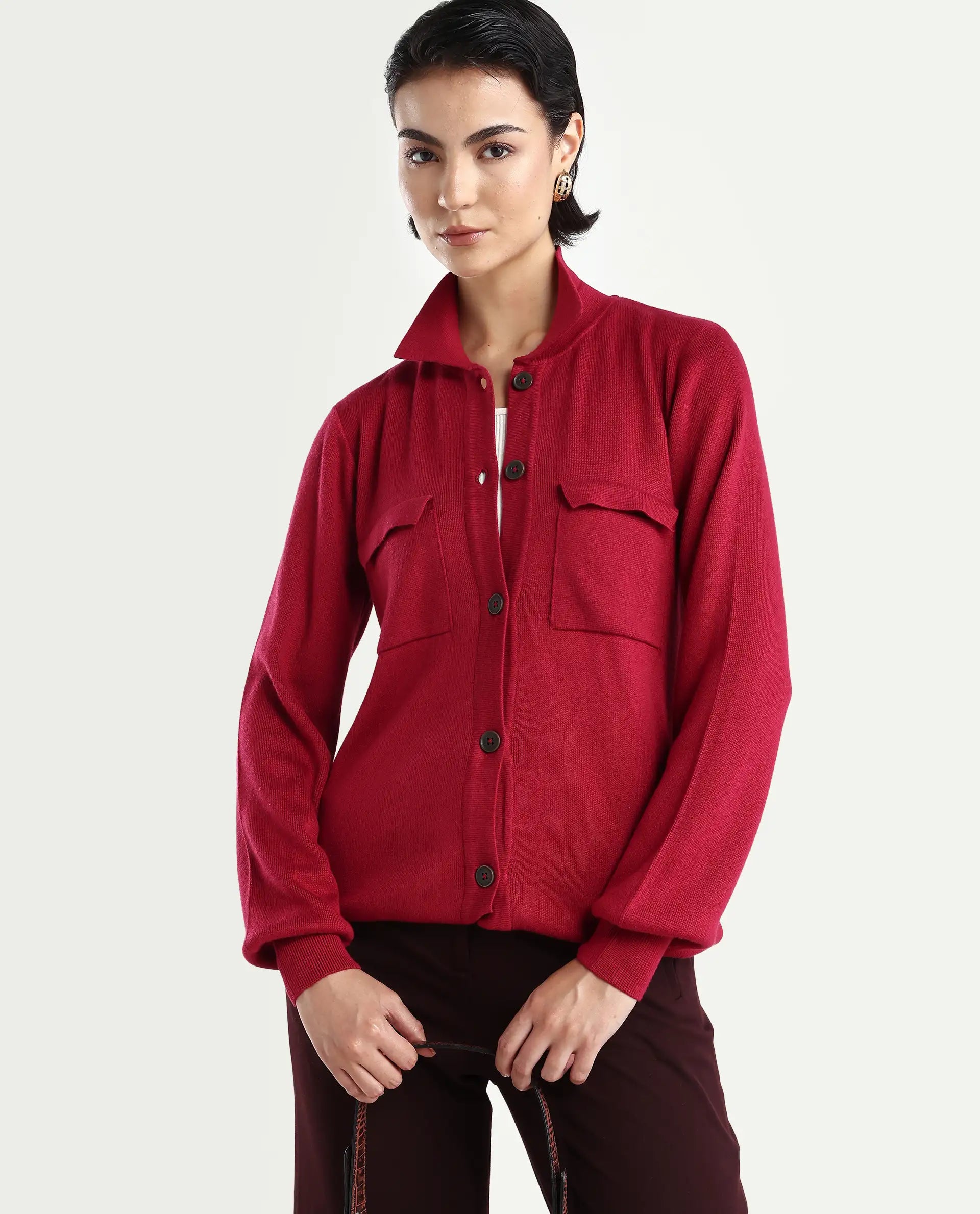 Rareism Women's Telkon Light Maroon Viscose Spread Collar Plain Regular Fit Sweater