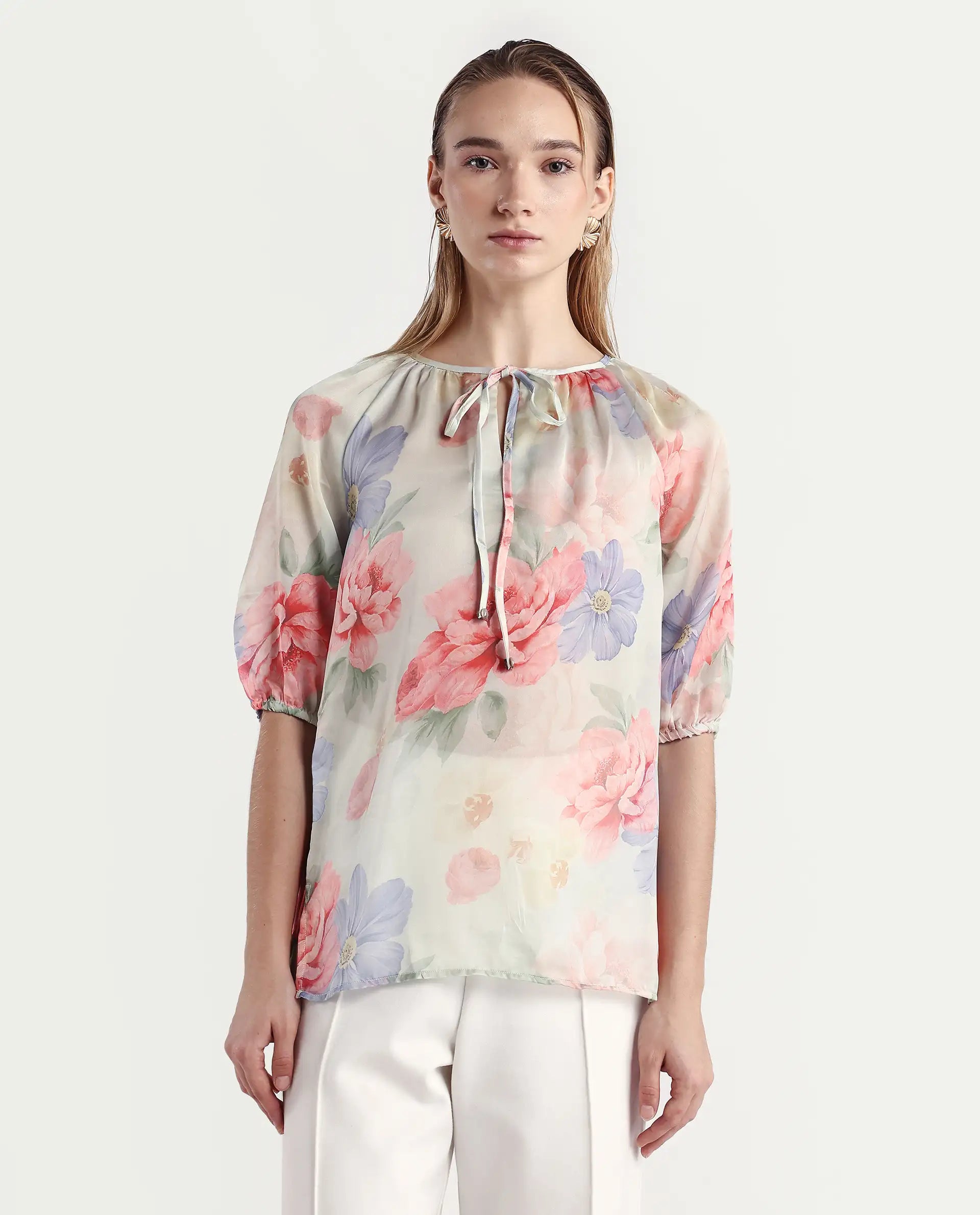 Rareism Women's Tella Light Green Cotton Tie-Up Neck Floral Print Raglan Sleeve Relaxed Fit Top