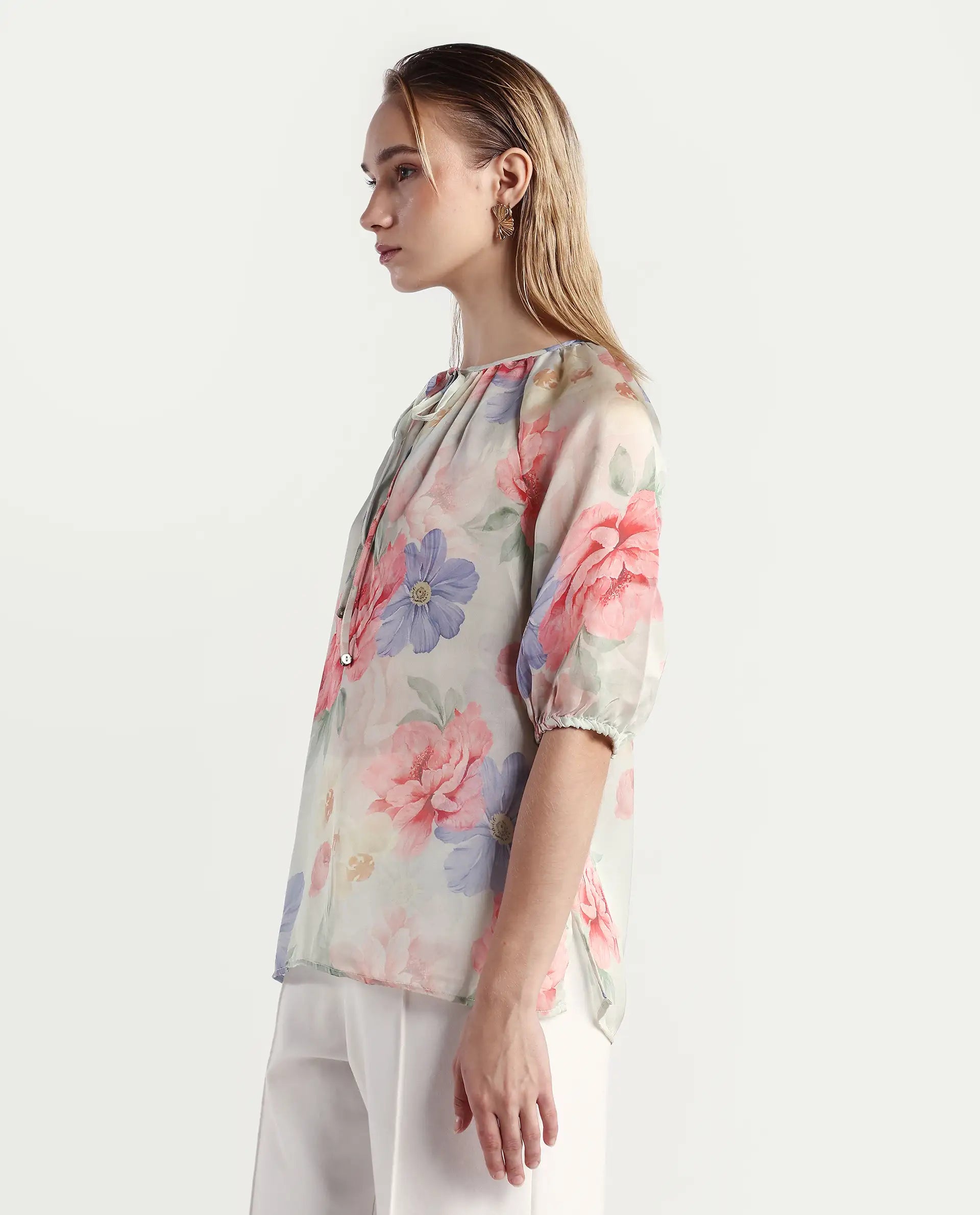 Rareism Women's Tella Light Green Cotton Tie-Up Neck Floral Print Raglan Sleeve Relaxed Fit Top