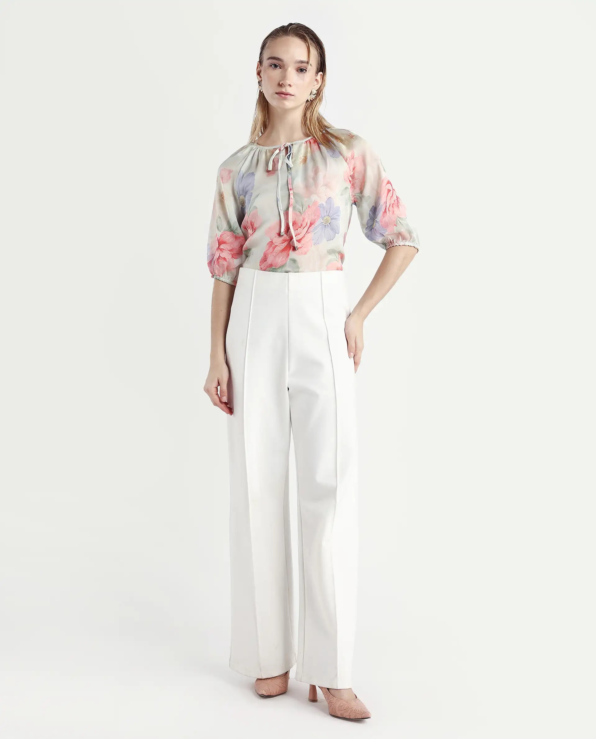 Rareism Women's Tella Light Green Cotton Tie-Up Neck Floral Print Raglan Sleeve Relaxed Fit Top