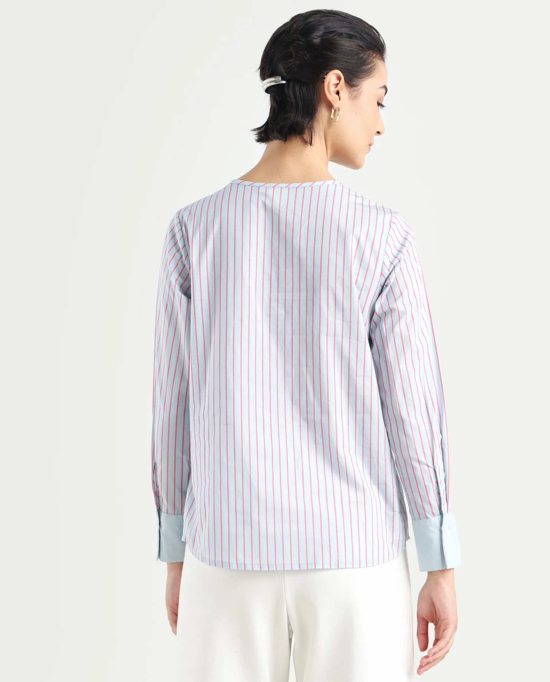 Rareism Women's Telma Blue Cotton Crew Neck Striped Cuffed Sleeve Regular Fit Top