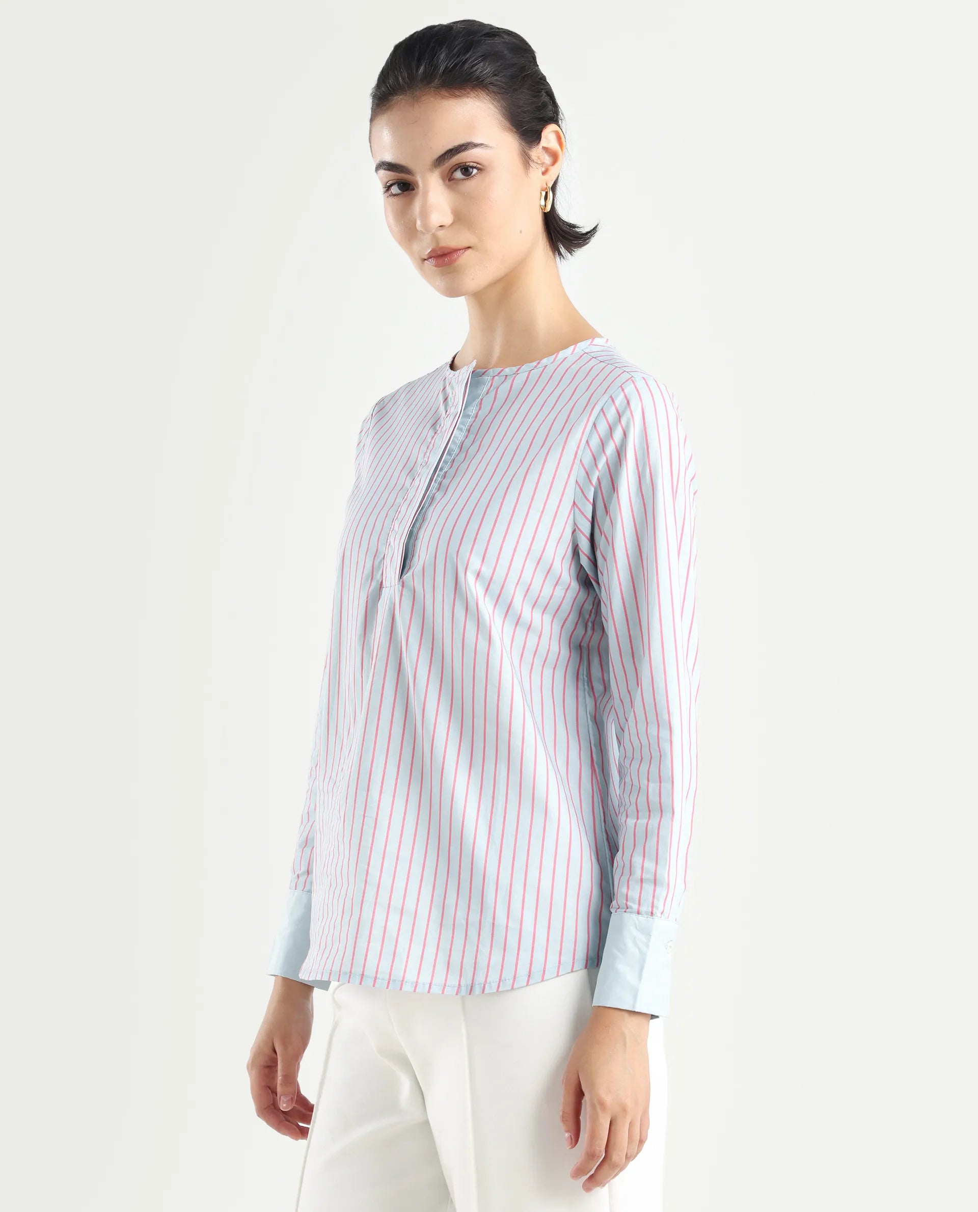 Rareism Women's Telma Blue Cotton Crew Neck Striped Cuffed Sleeve Regular Fit Top