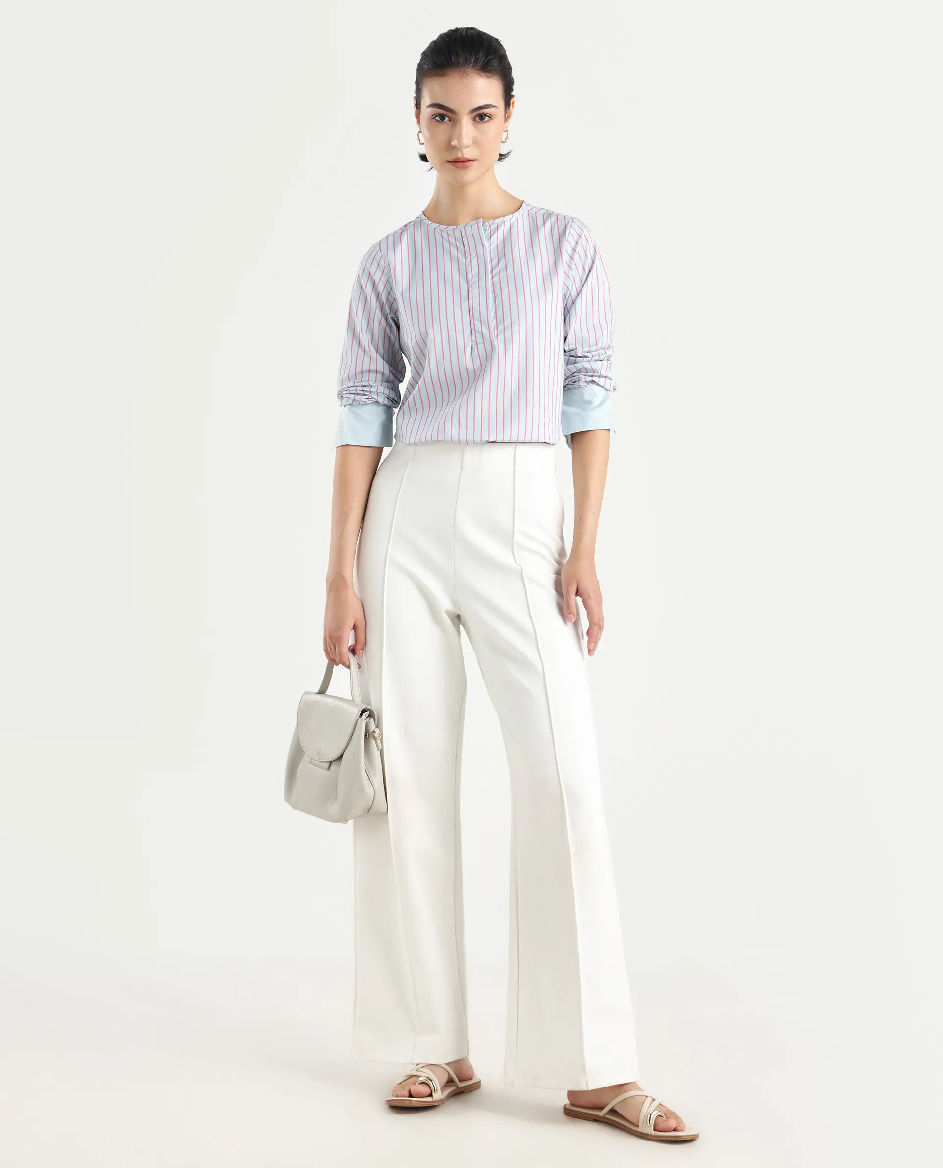 Rareism Women's Telma Blue Cotton Crew Neck Striped Cuffed Sleeve Regular Fit Top