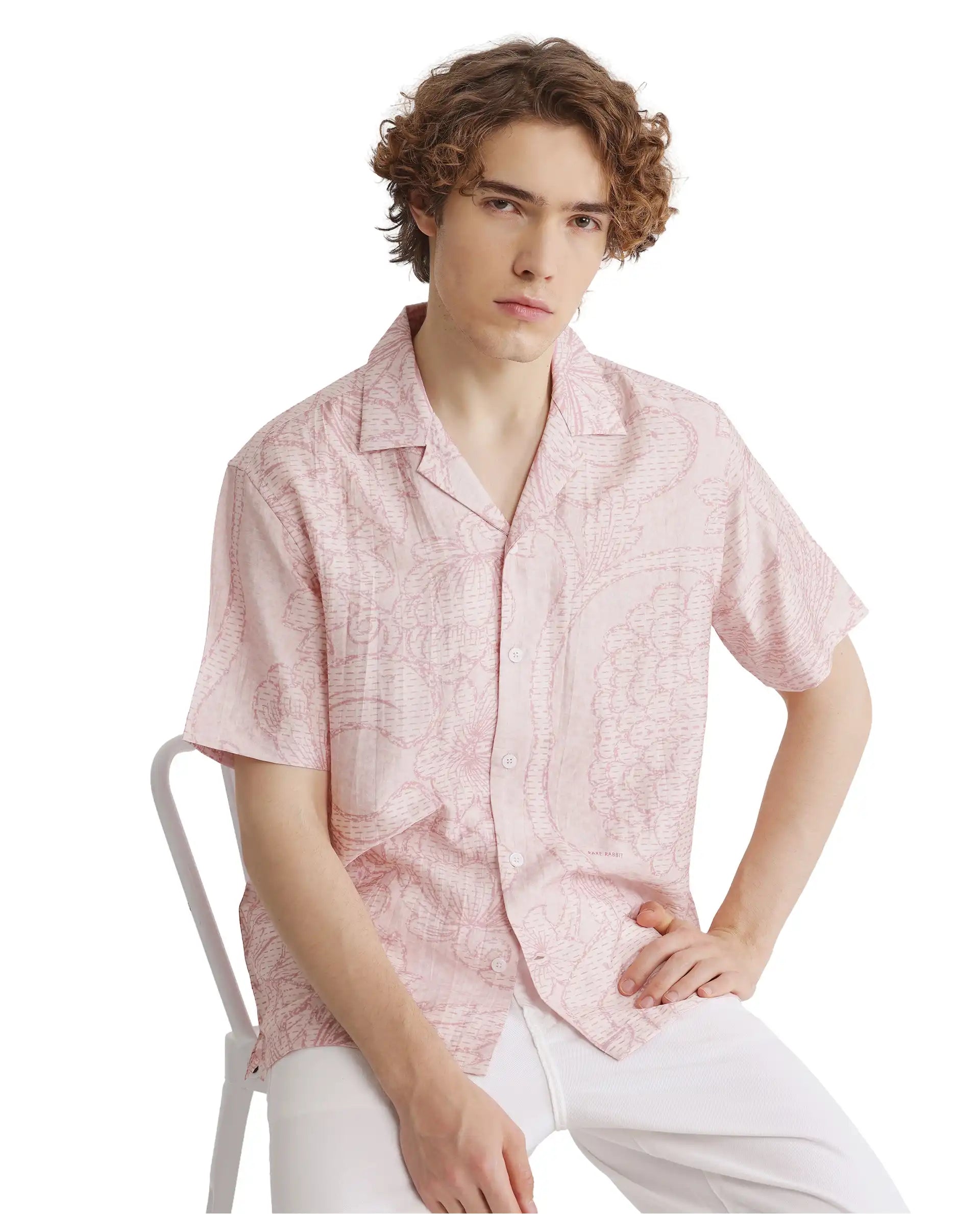 Rare Rabbit Men Telo Pink Cotton Blend Fabric Short Sleeve Cuban Collared Floral Printed Shirt