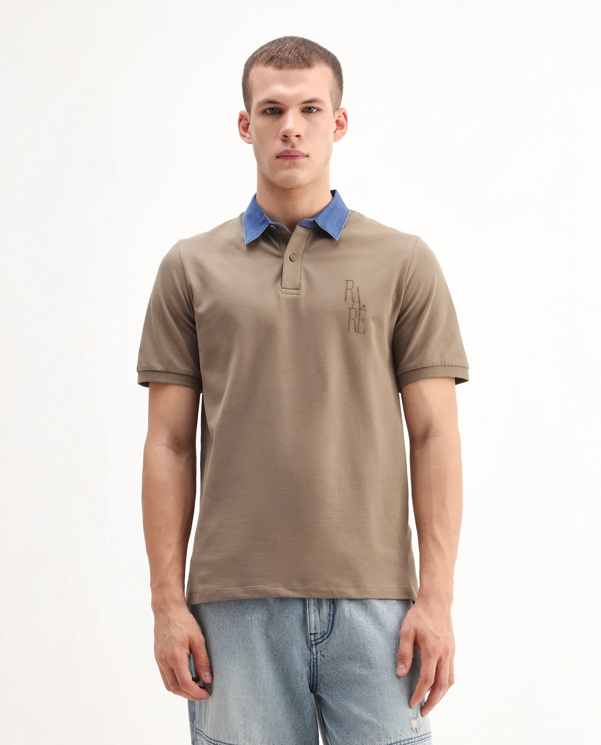 Rare Rabbit Men's Tem Beige Cotton Plain Regular Fit Half Sleeve Polo