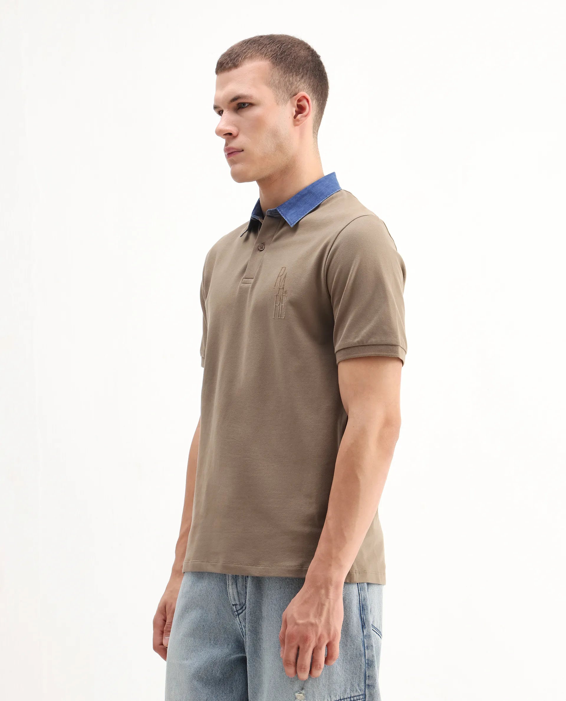 Rare Rabbit Men's Tem Beige Cotton Plain Regular Fit Half Sleeve Polo