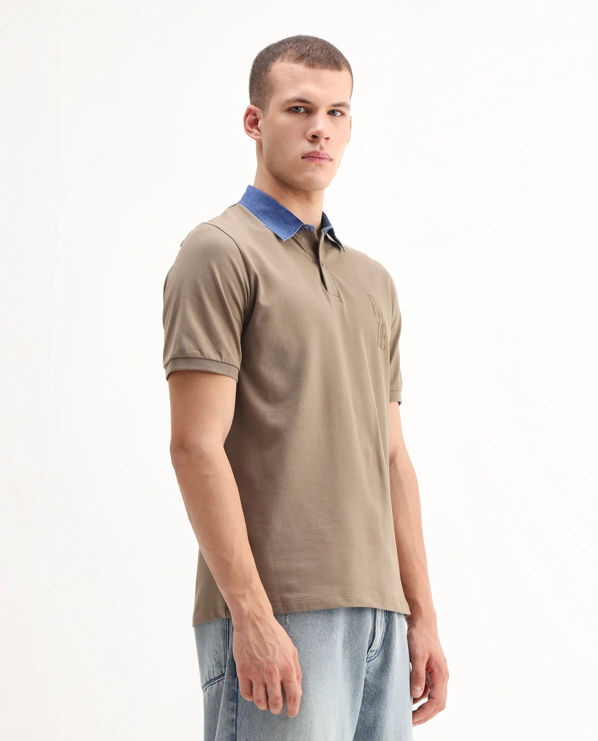 Rare Rabbit Men's Tem Beige Cotton Plain Regular Fit Half Sleeve Polo