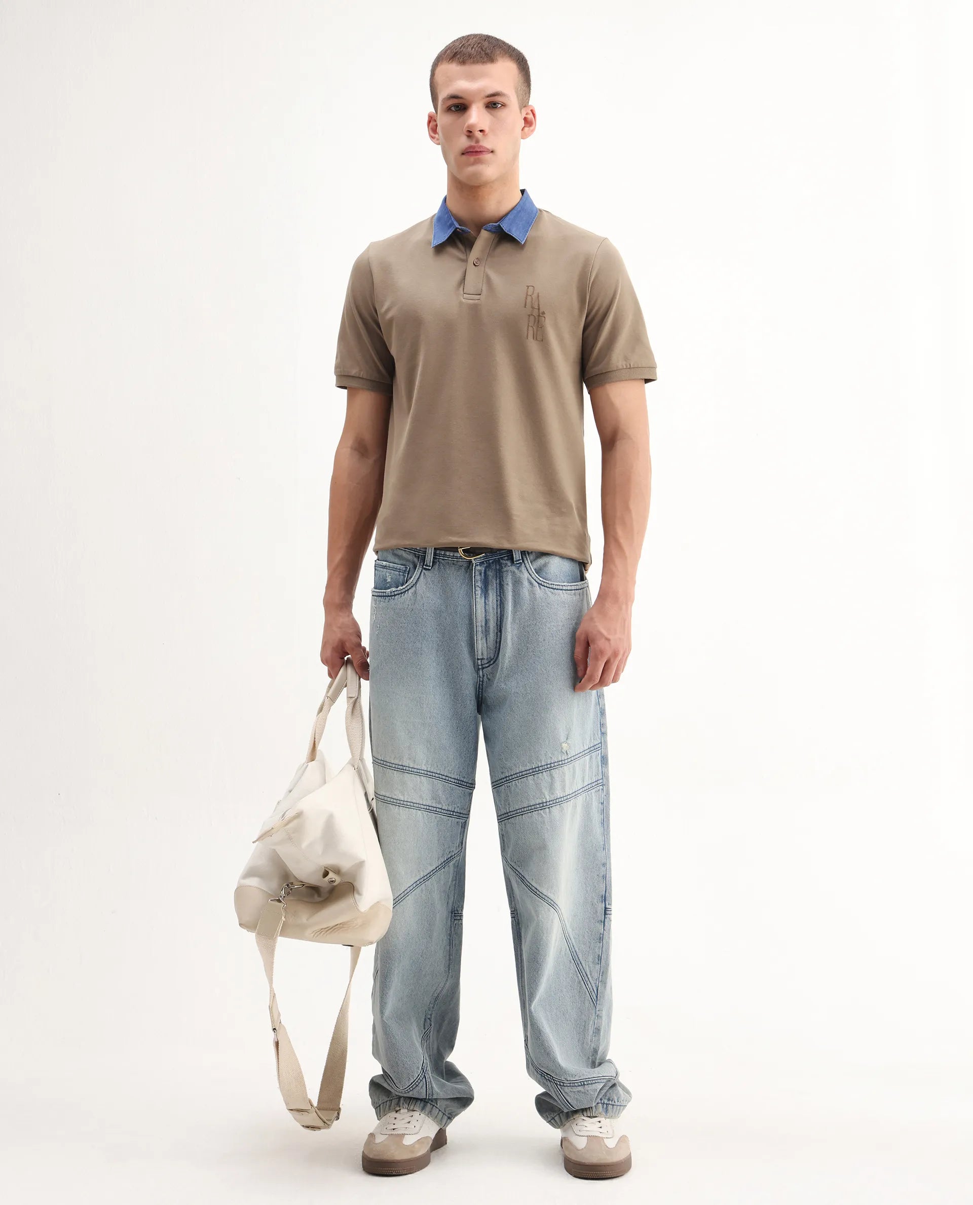 Rare Rabbit Men's Tem Beige Cotton Plain Regular Fit Half Sleeve Polo