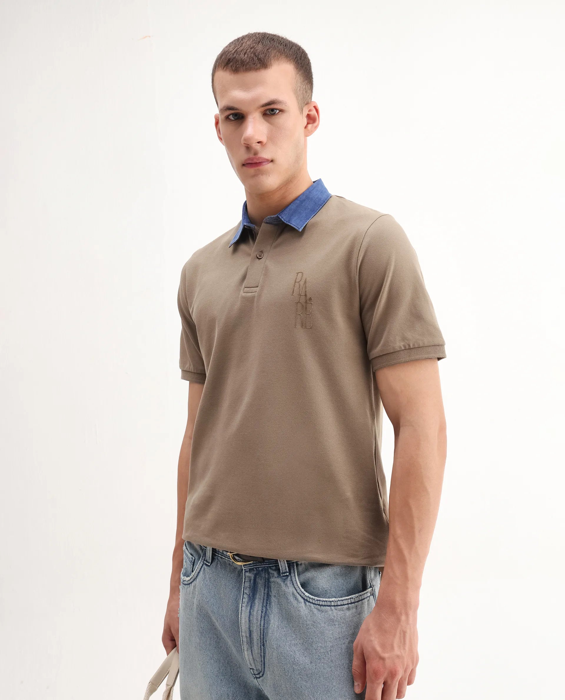 Rare Rabbit Men's Tem Beige Cotton Plain Regular Fit Half Sleeve Polo