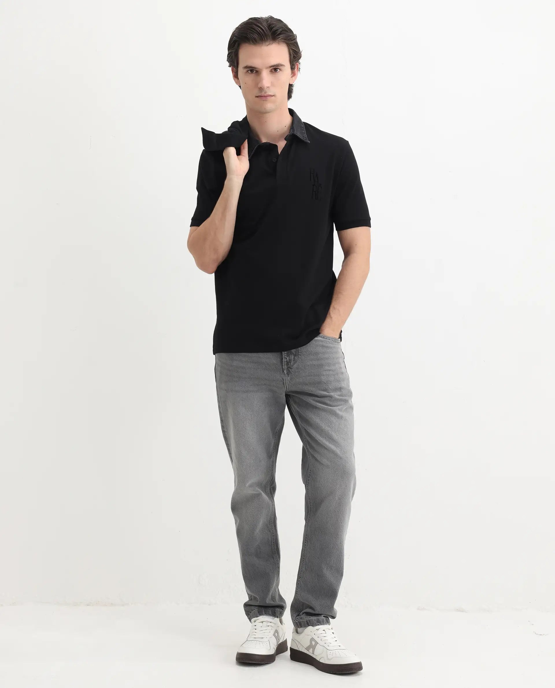 Rare Rabbit Men's Tem Black Cotton Plain Regular Fit Half Sleeve Polo